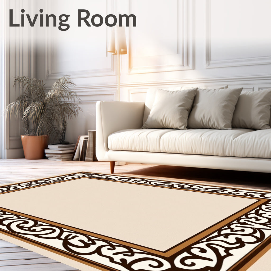 Elegant Brown Cream Scroll Border Rug