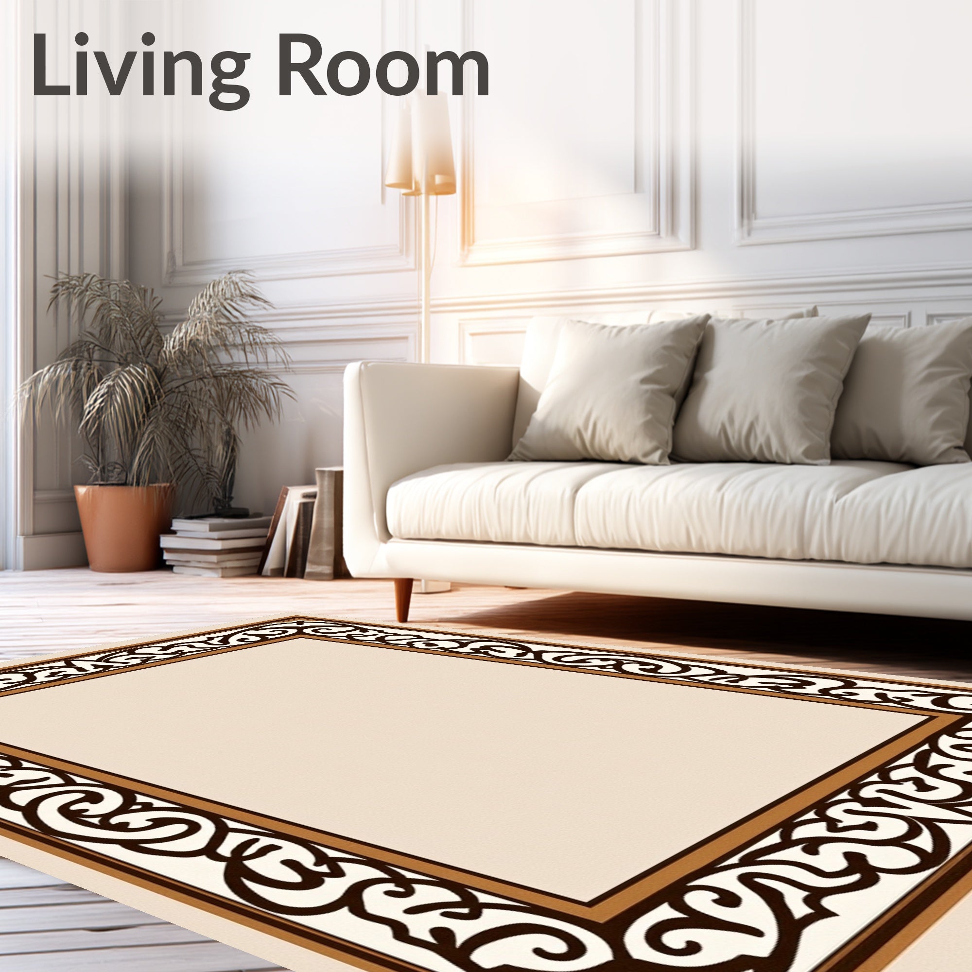 Elegant Brown Cream Scroll Border Rug