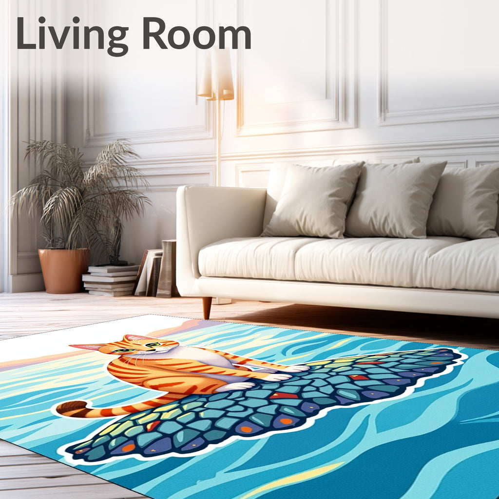 Whimsical Orange Cat Ocean Island Rug