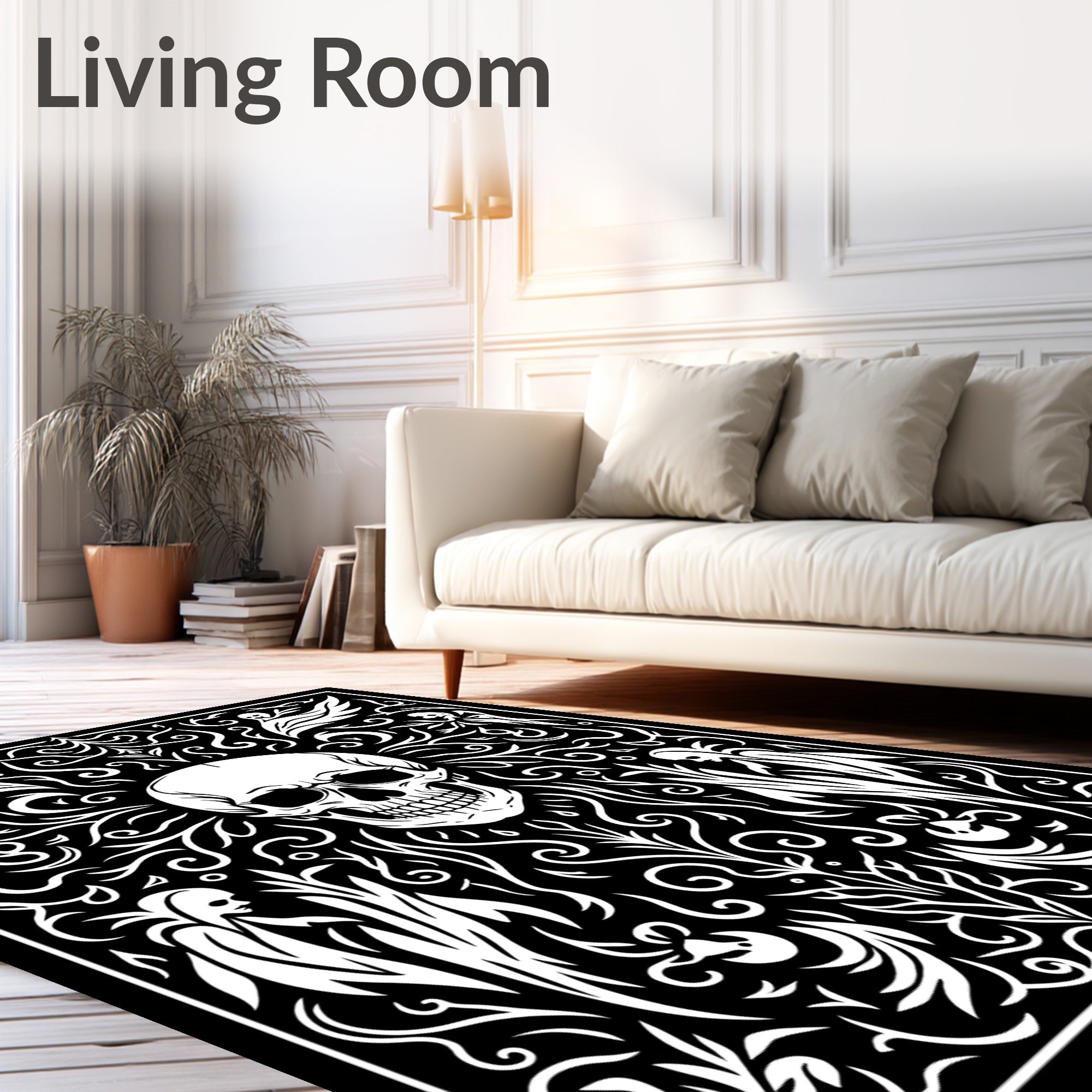 Gothic Skull Figures Swirling Black White Rug