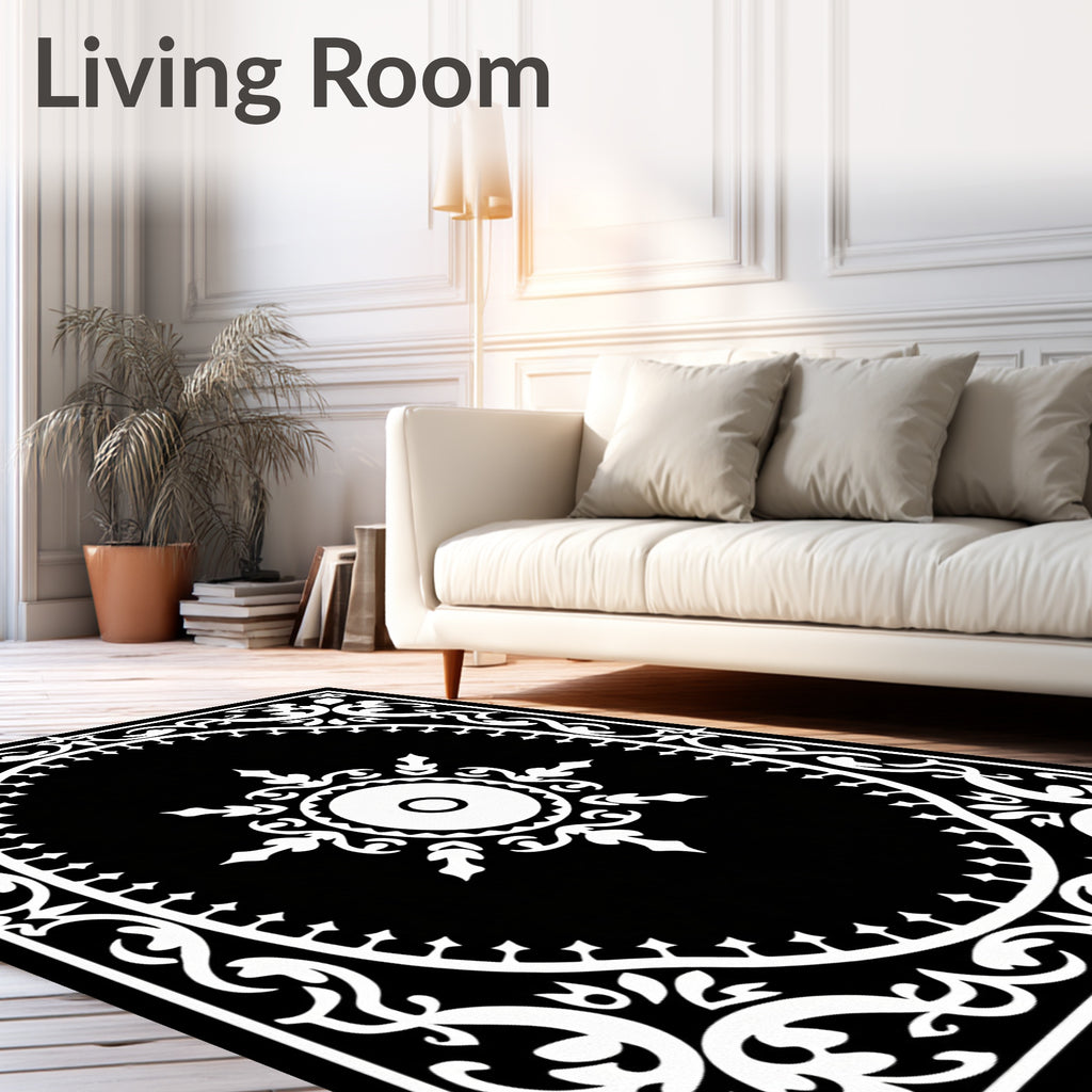 Classic Black White Stylized Sunburst Rug