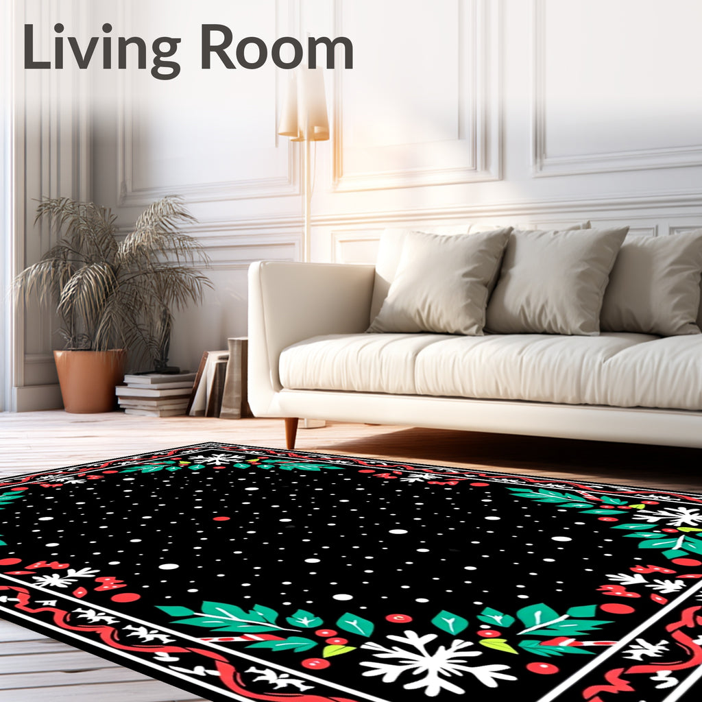 Black Snowflake Red Holly Border Rug