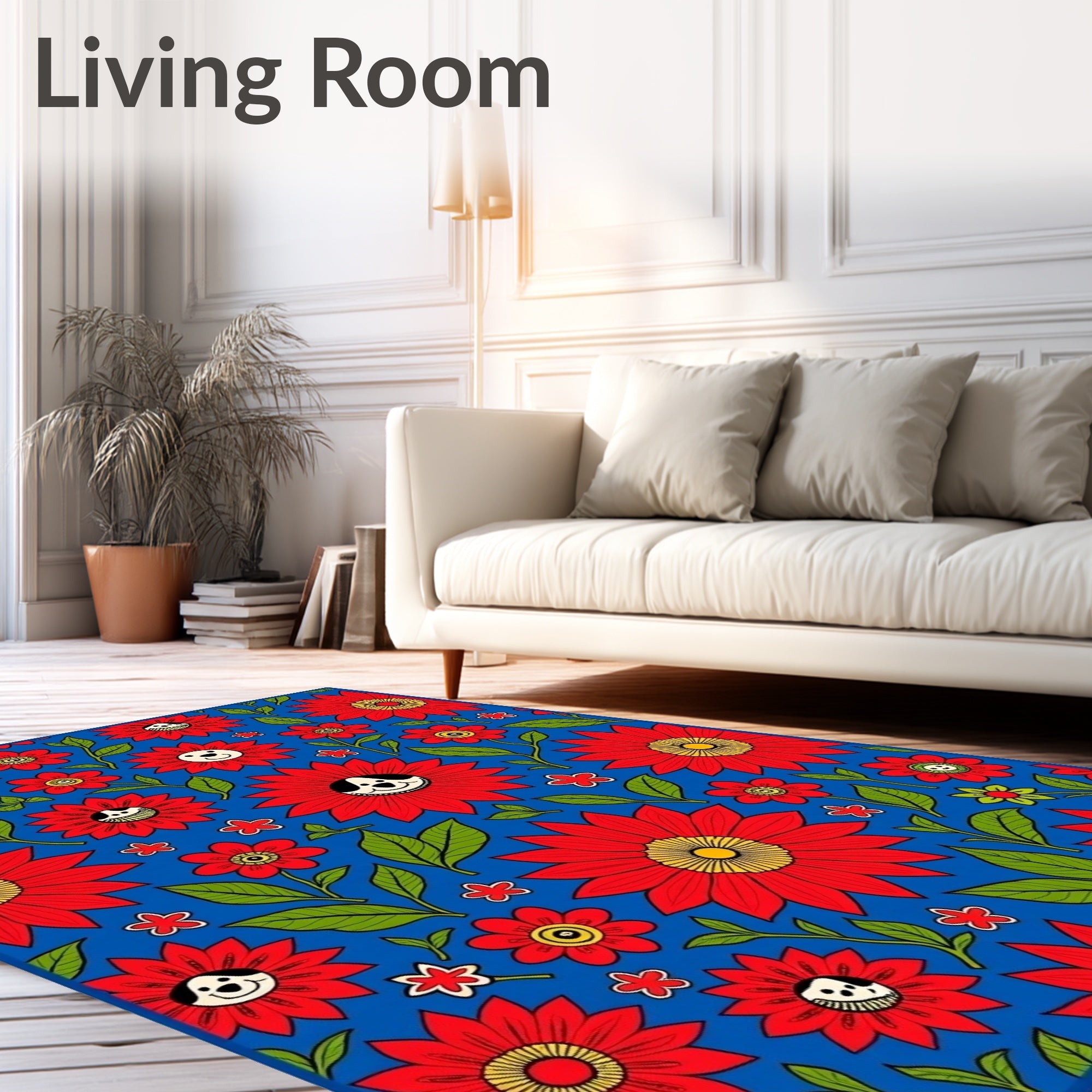 Red Floral Garden With Cute Dogs Rug