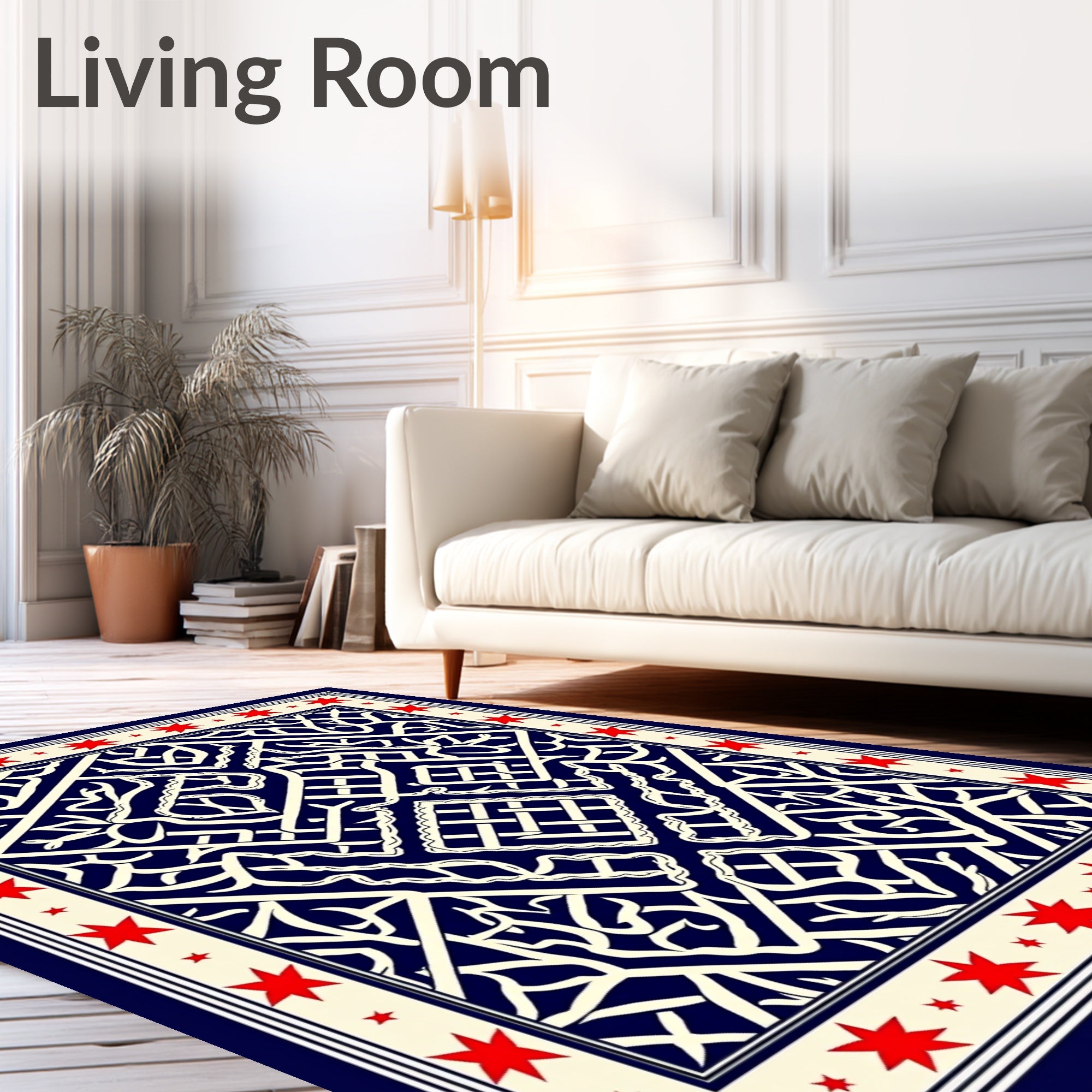 Navy Red Cream Interlocking Geometric Stars Rug
