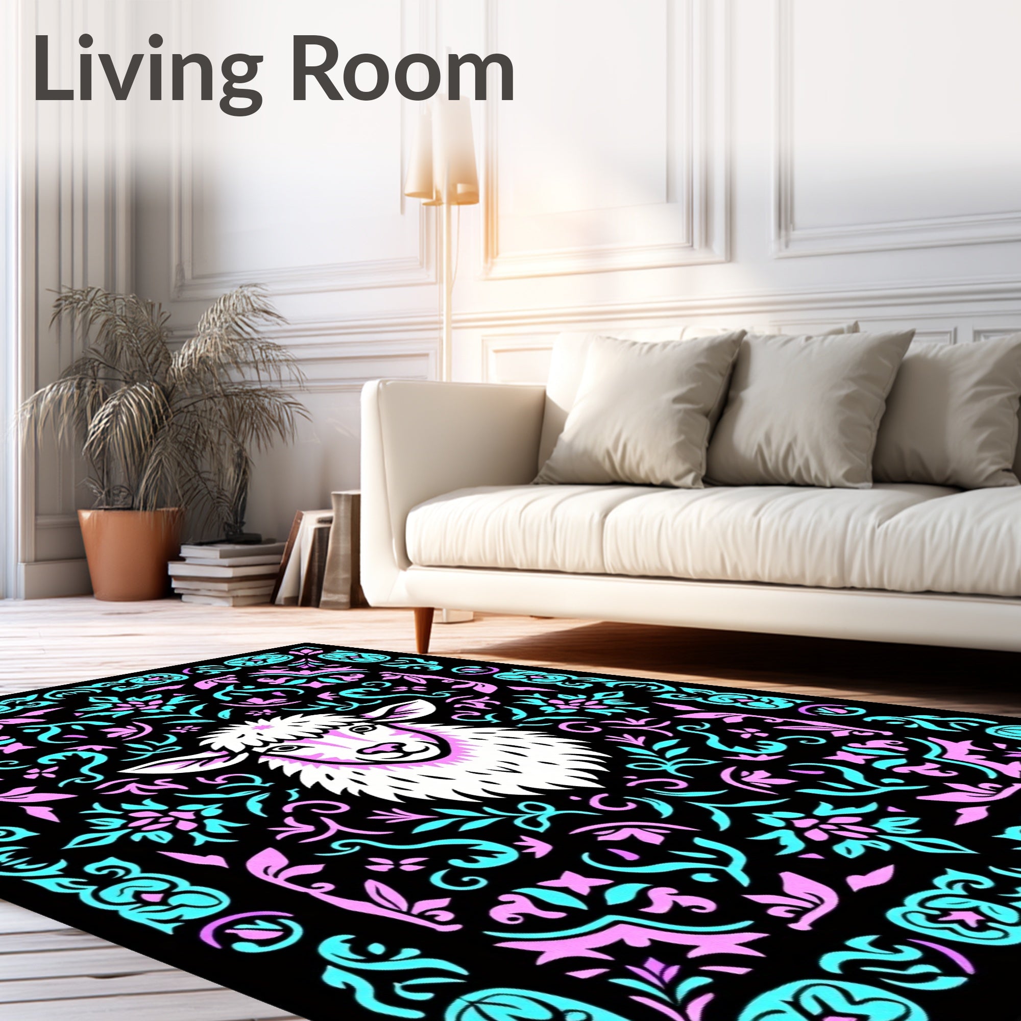 Whimsical Sheep Pink Teal Floral Border Rug
