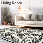 Black Ornamental Floral Cream Field Rug