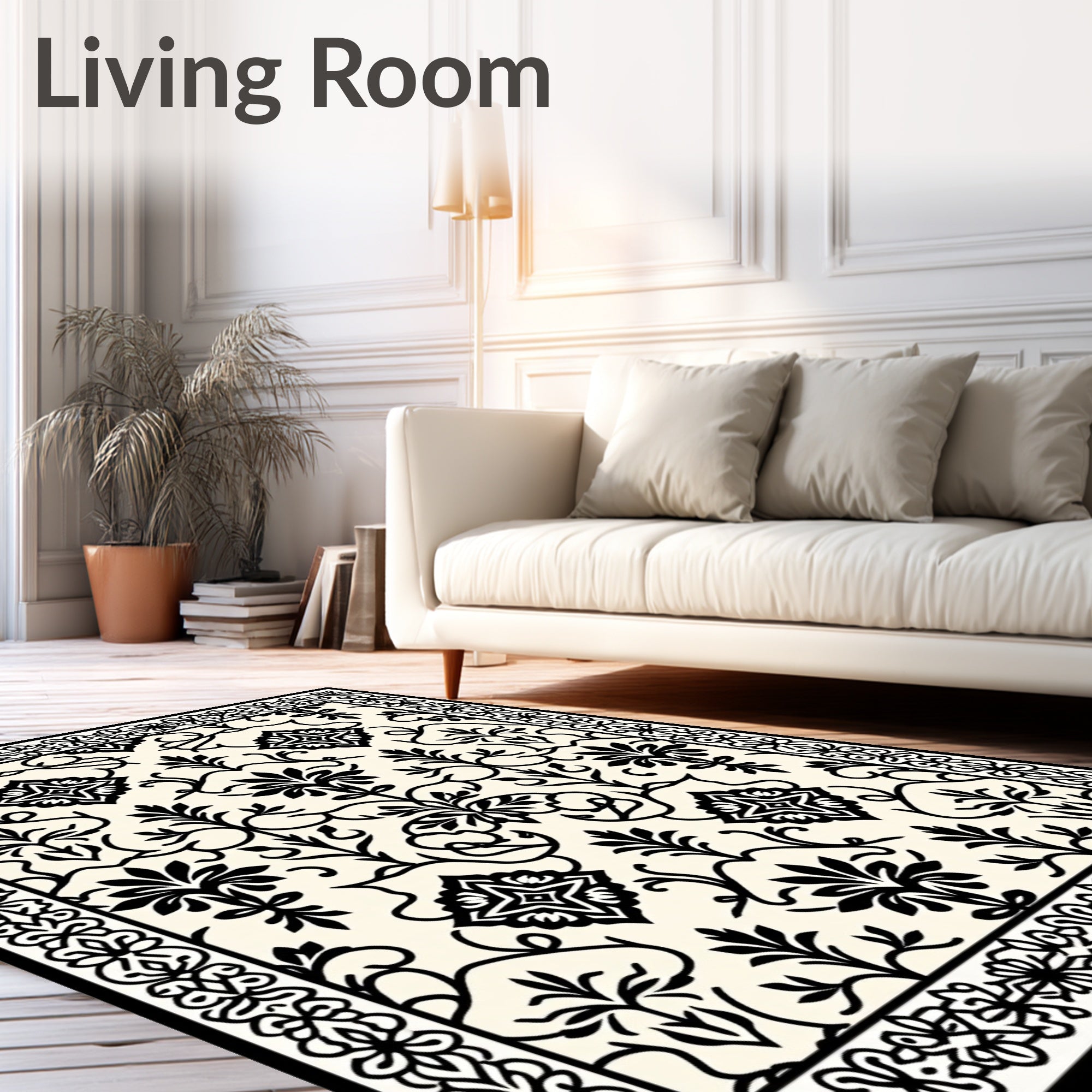 Black Ornamental Floral Cream Field Rug