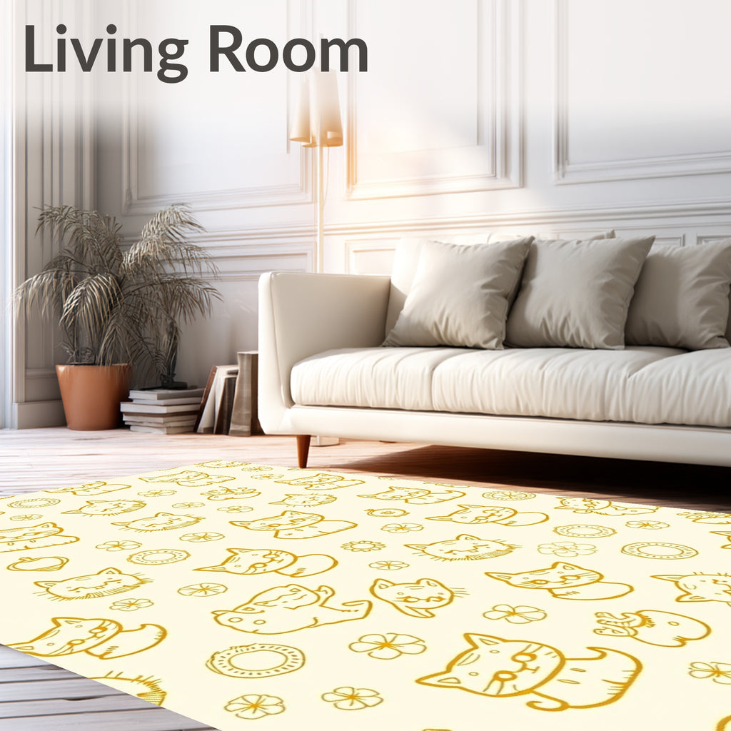 Golden Whimsical Cat Flower Collection Rug