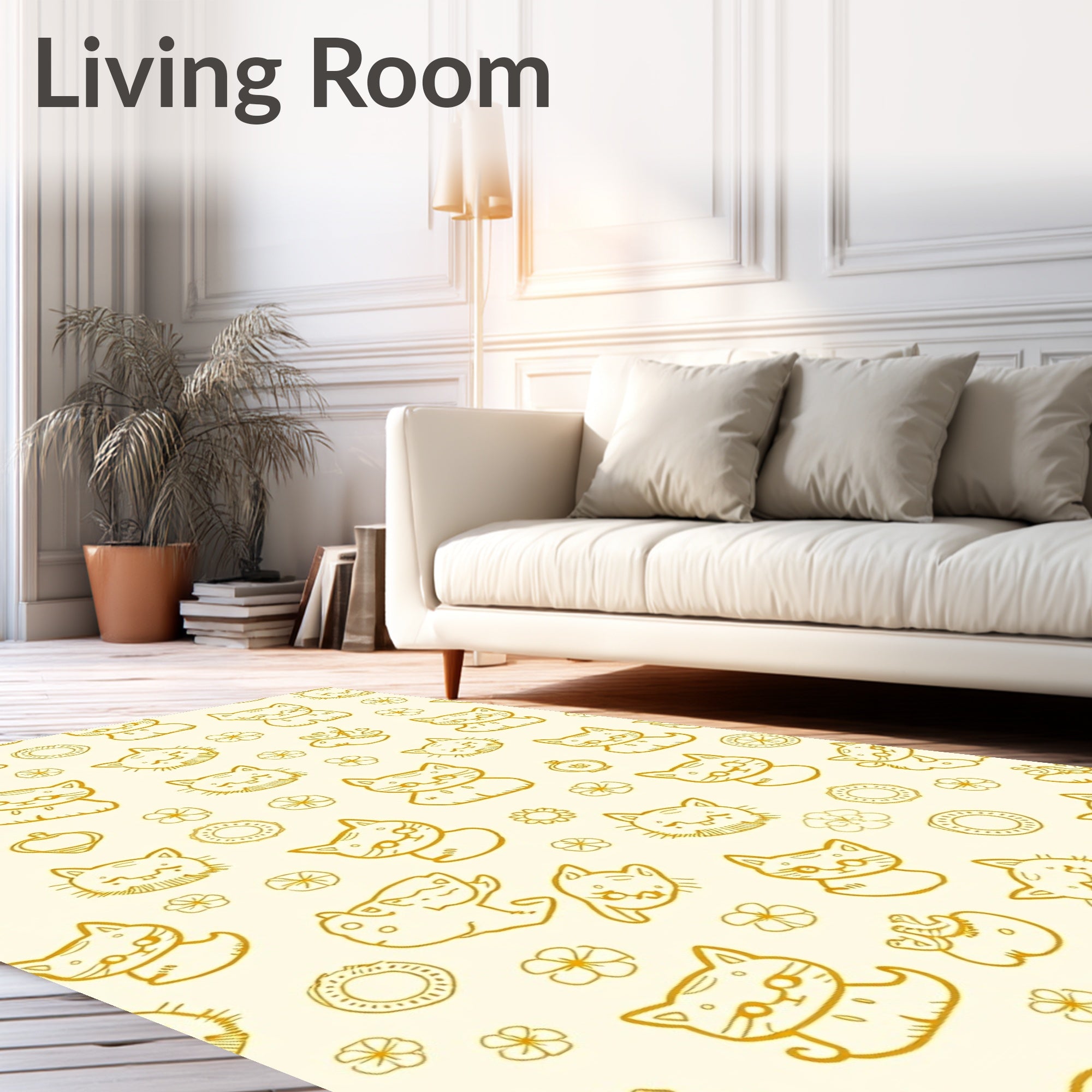 Golden Whimsical Cat Flower Collection Rug