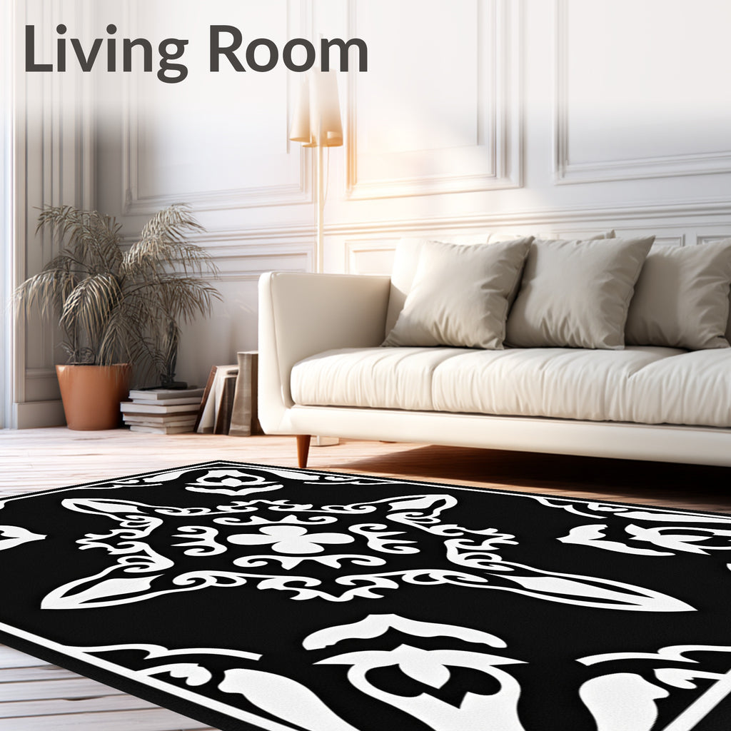 Black White Filigree Quatrefoil medallion Rug