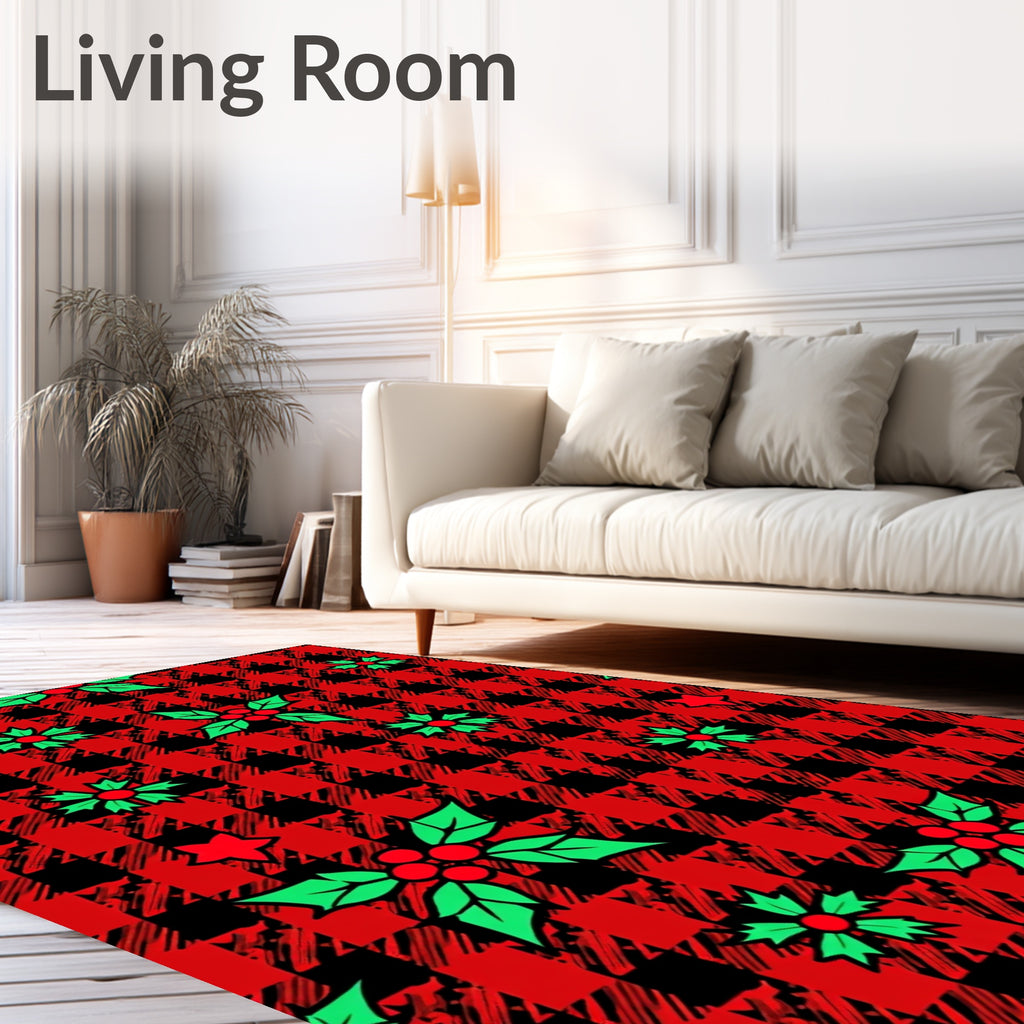Red Black Plaid Holly Berry Star Rug