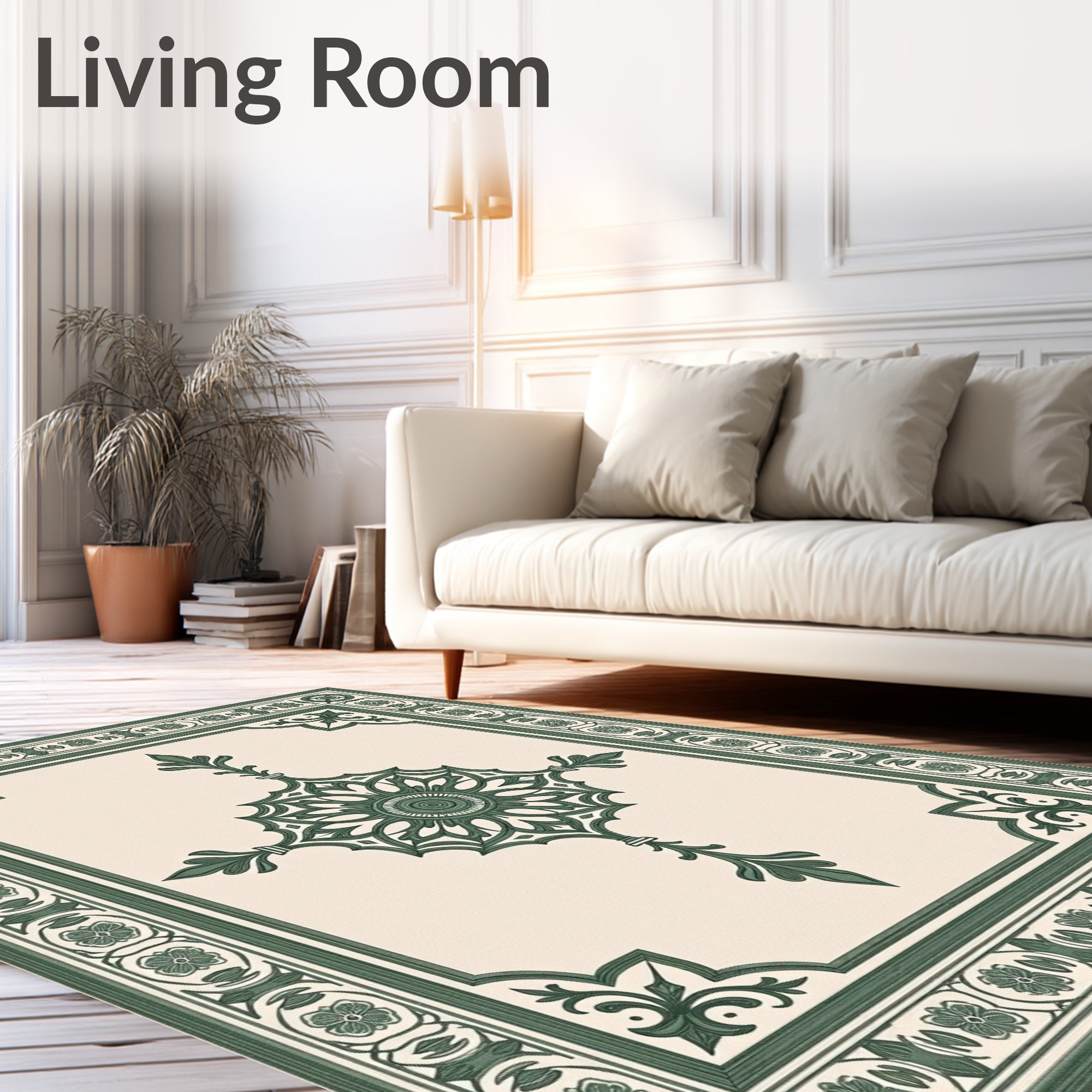 Classic Cream Green Ornamental Medallion Rug