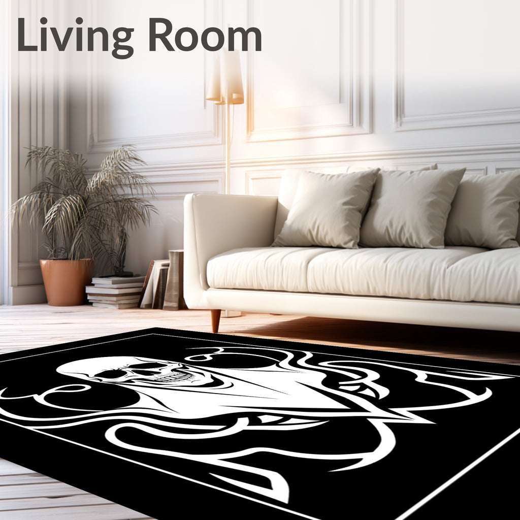 Bold Black White Skull Tribal Swirls Rug
