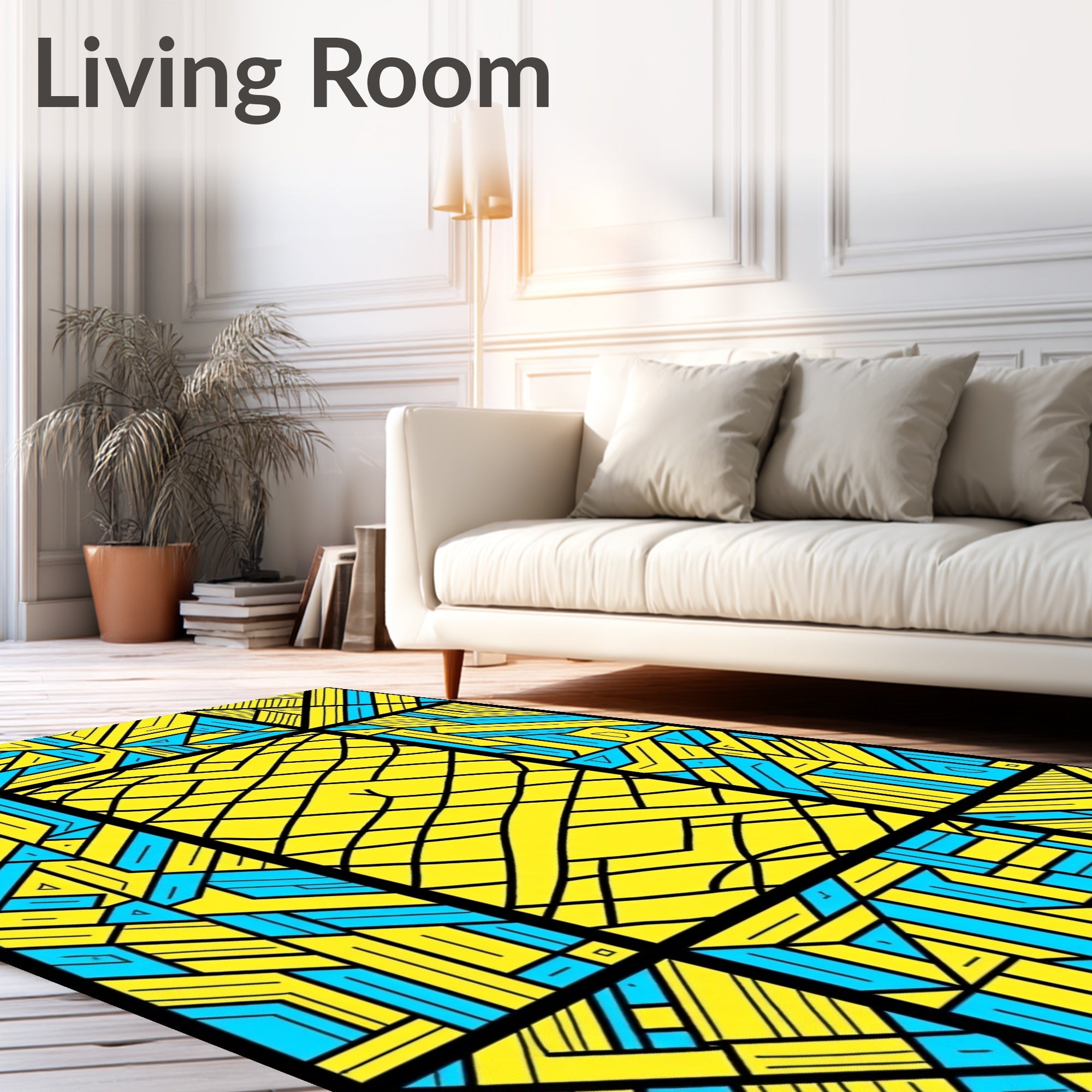Vibrant Yellow Blue Geometric Framework Rug