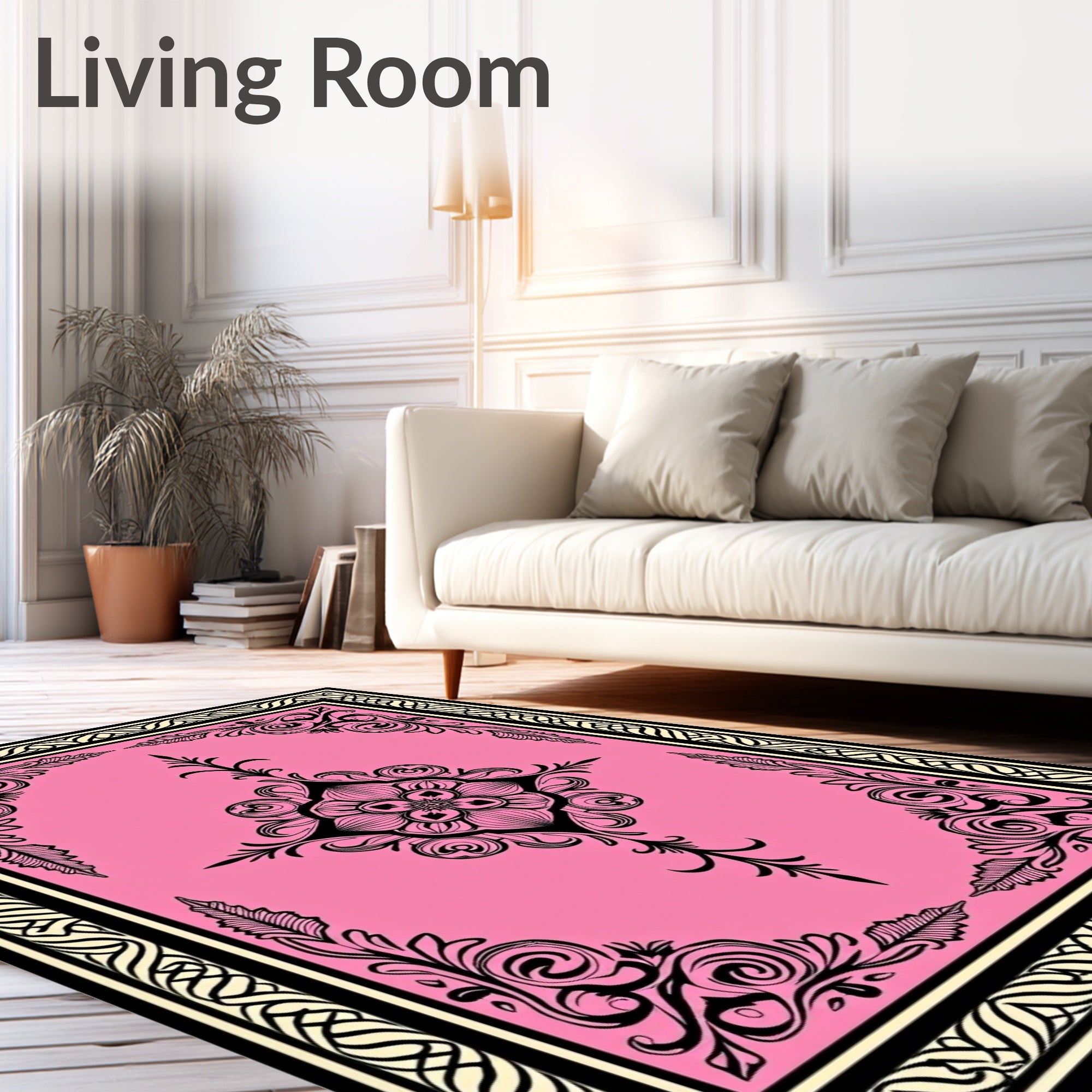 Pink Black Floral Medallion Border Rug