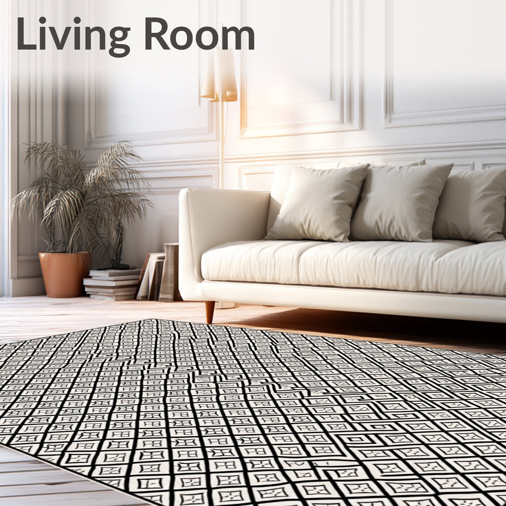 Geometric Diamond Maze Black Cream Rug