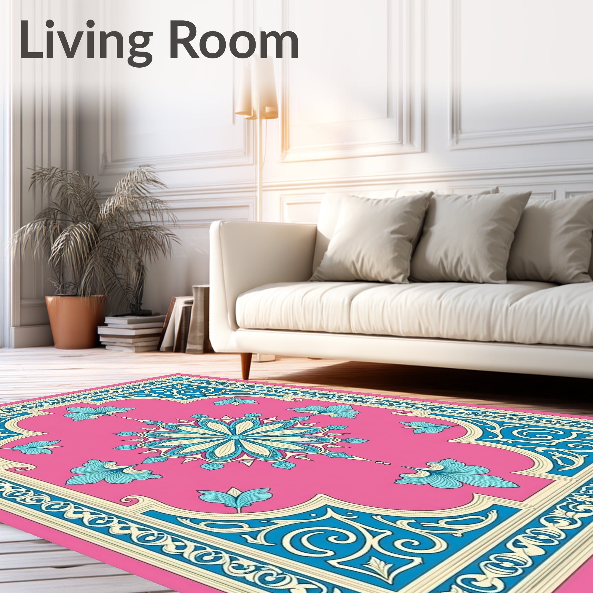 Floral Pink Blue Cream Medallion Rug