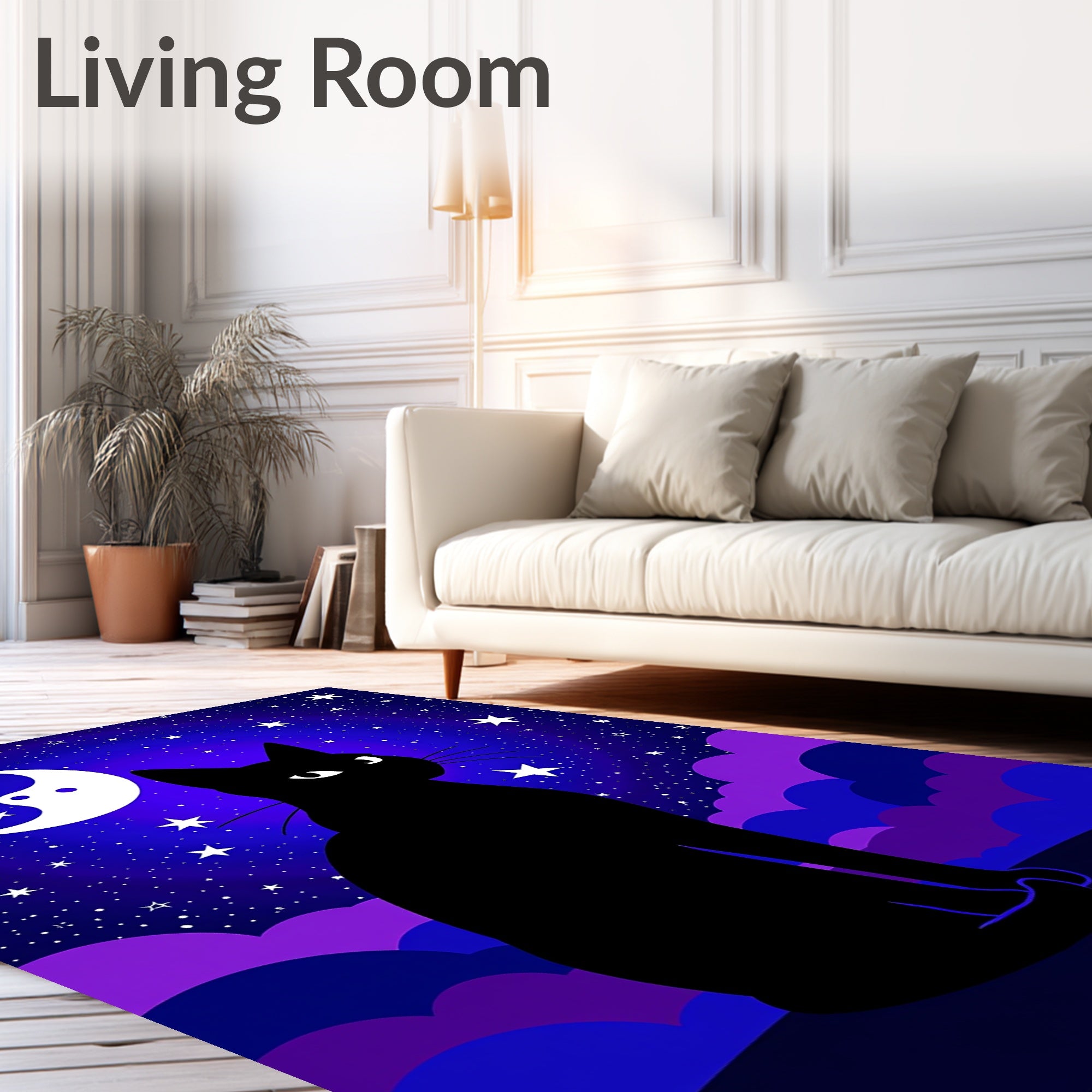 Black Cat Under Starry Moonlit Sky Rug
