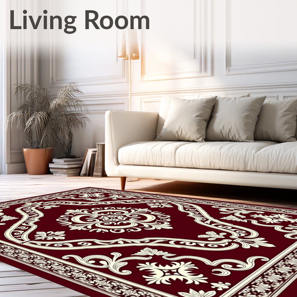 Deep Red Ivory Medallion Scrollwork Rug