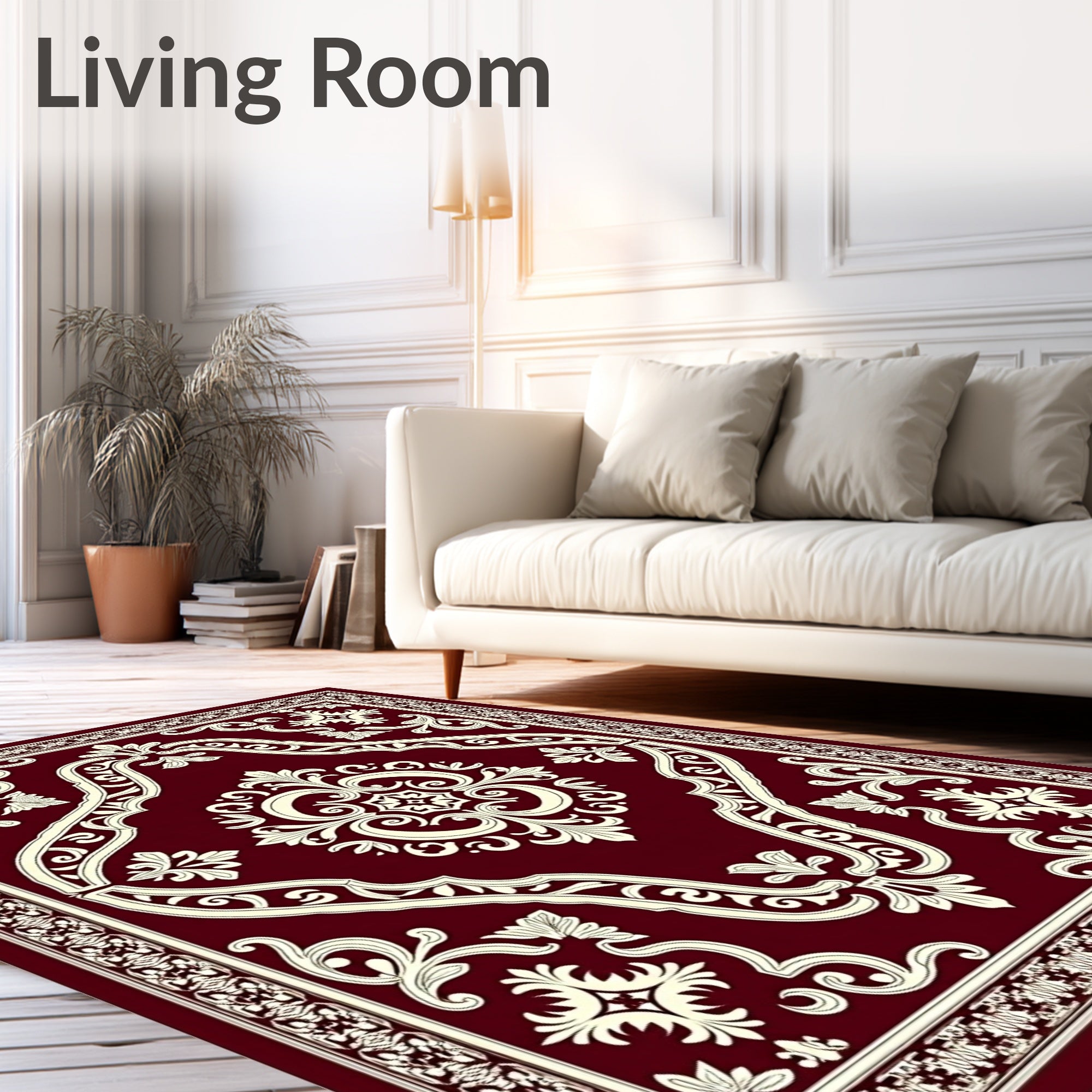 Deep Red Ivory Medallion Scrollwork Rug