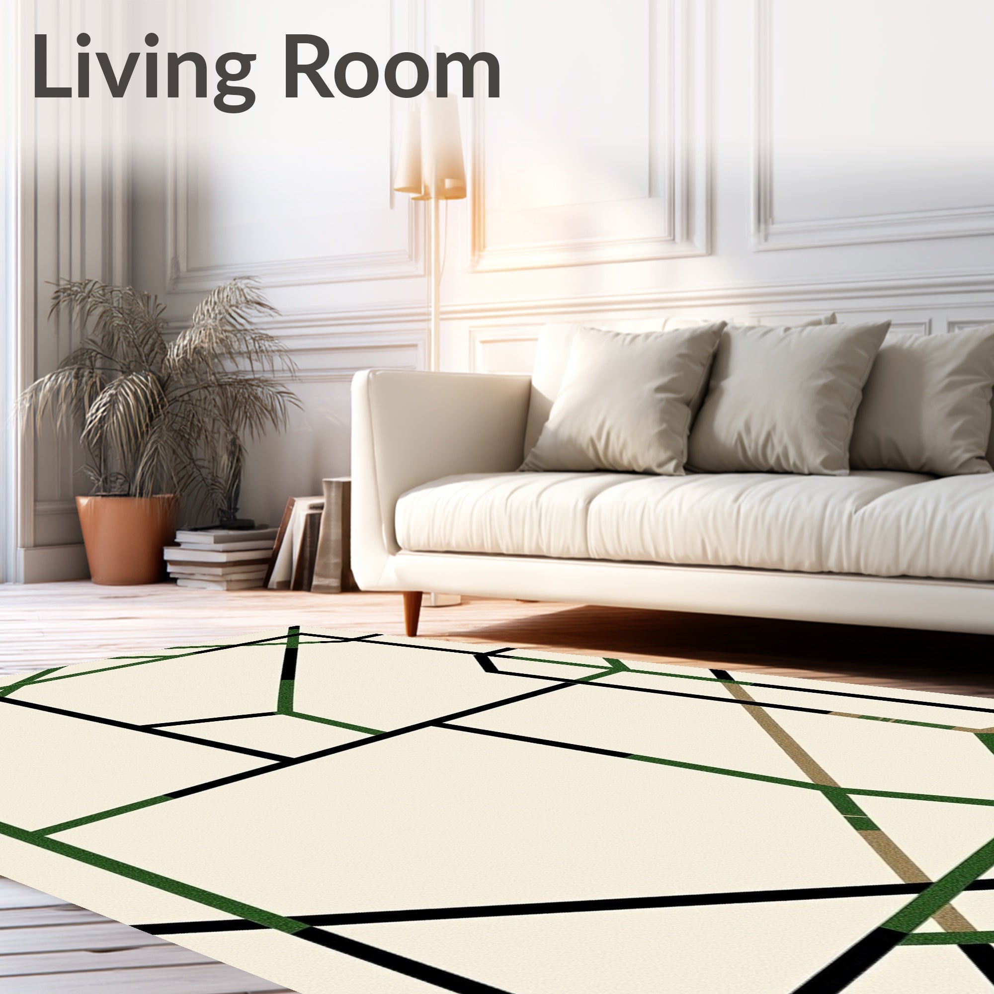 Modern Black Green Geometric Grid Rug
