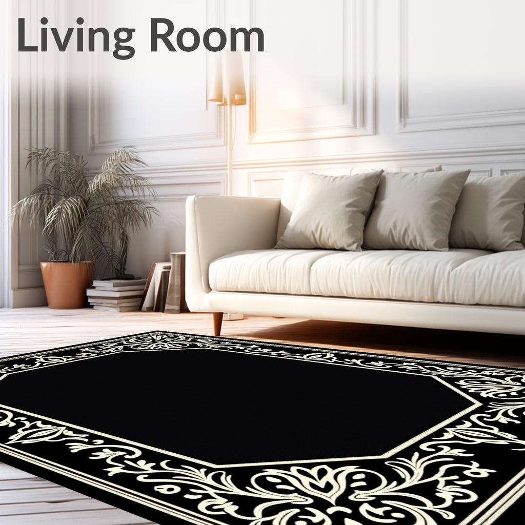 Ornate Black White Floral Frame Rug