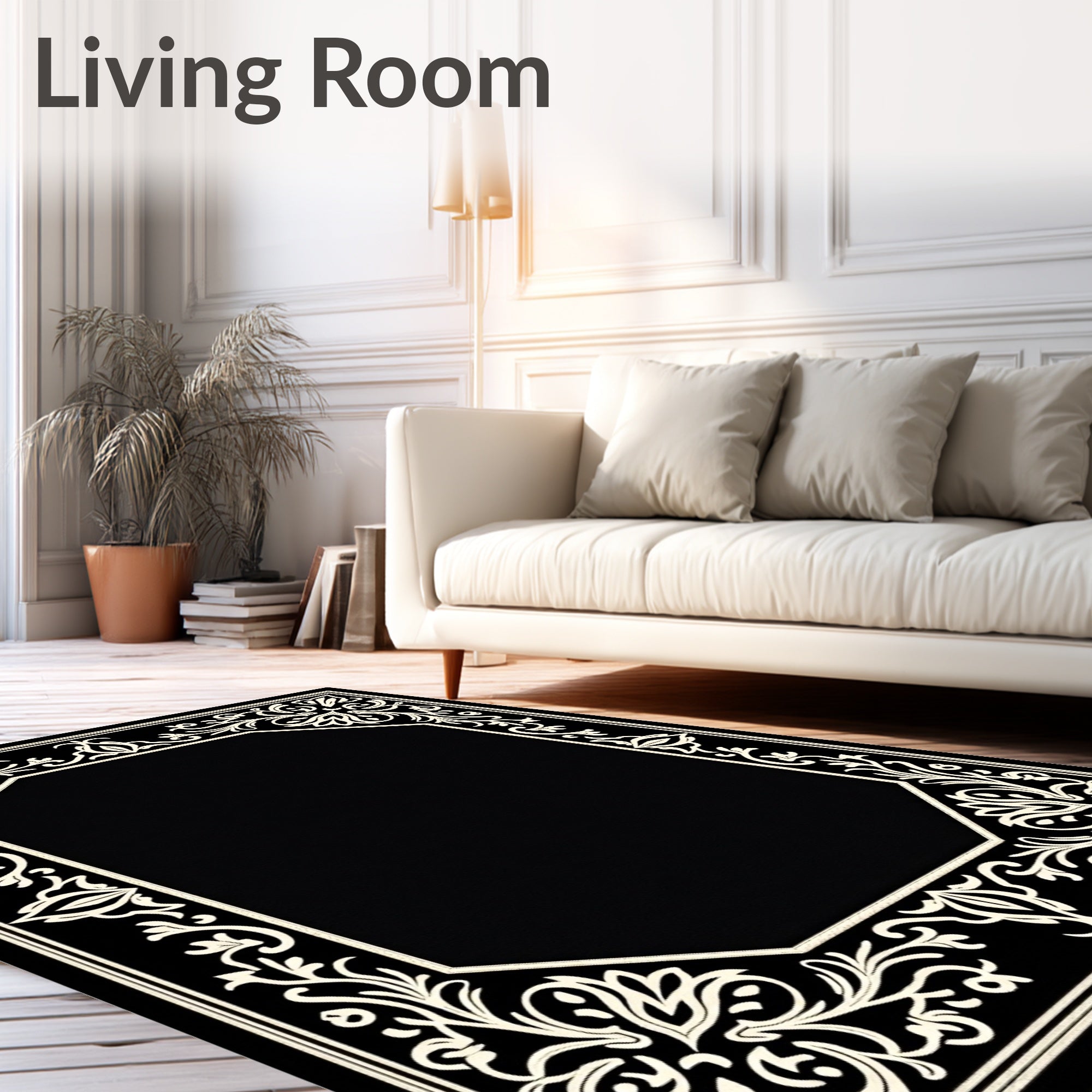 Ornate Black White Floral Frame Rug