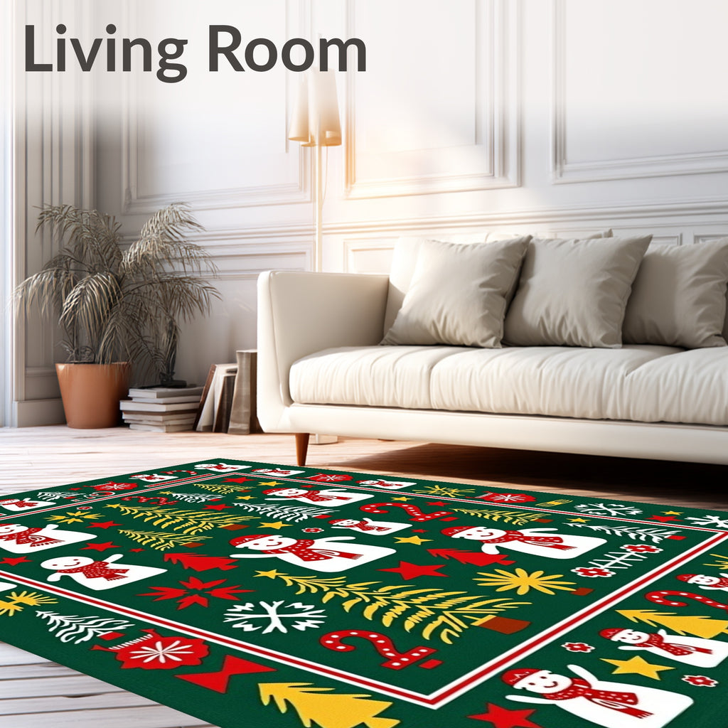 Joyful Snowman Christmas Trees Festive Rug