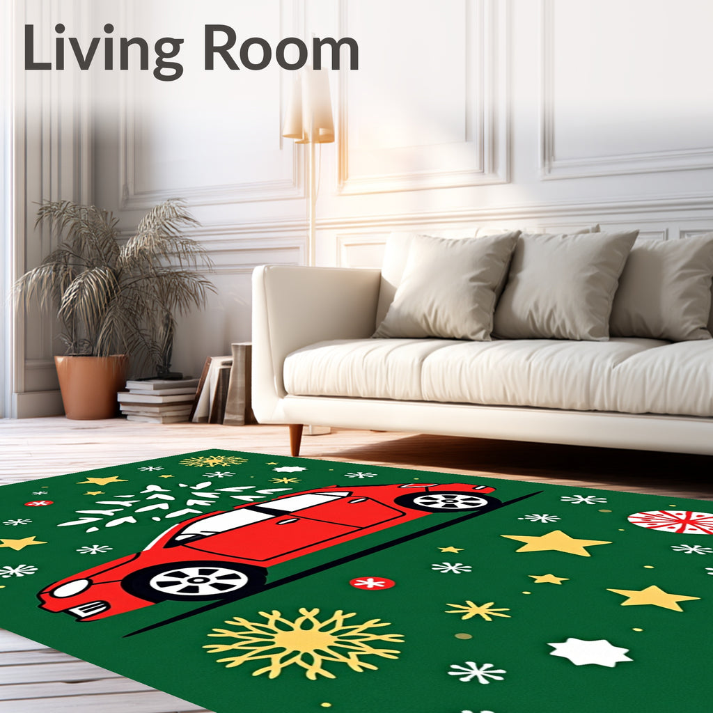 Red Car with Tree Stars Snowflakes Rug