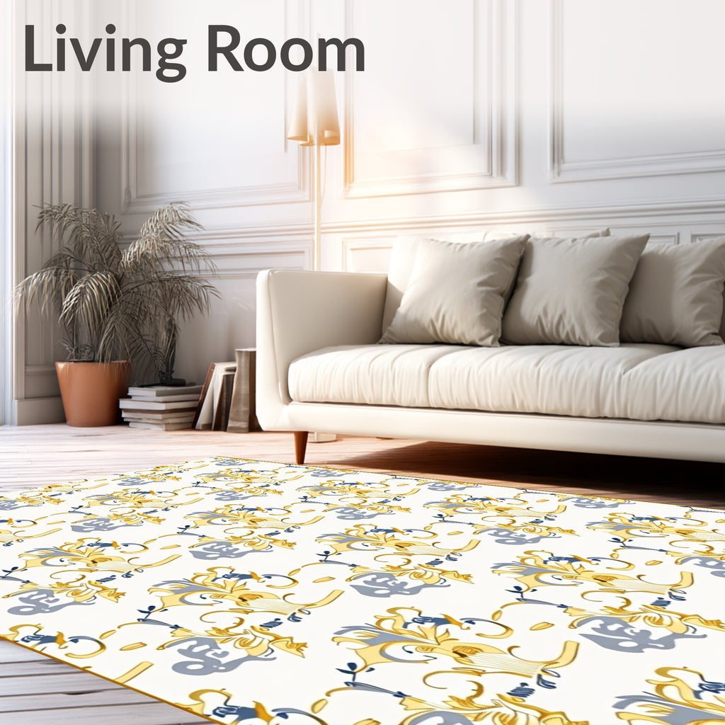 Ornate Golden Blue Scrollwork Rug
