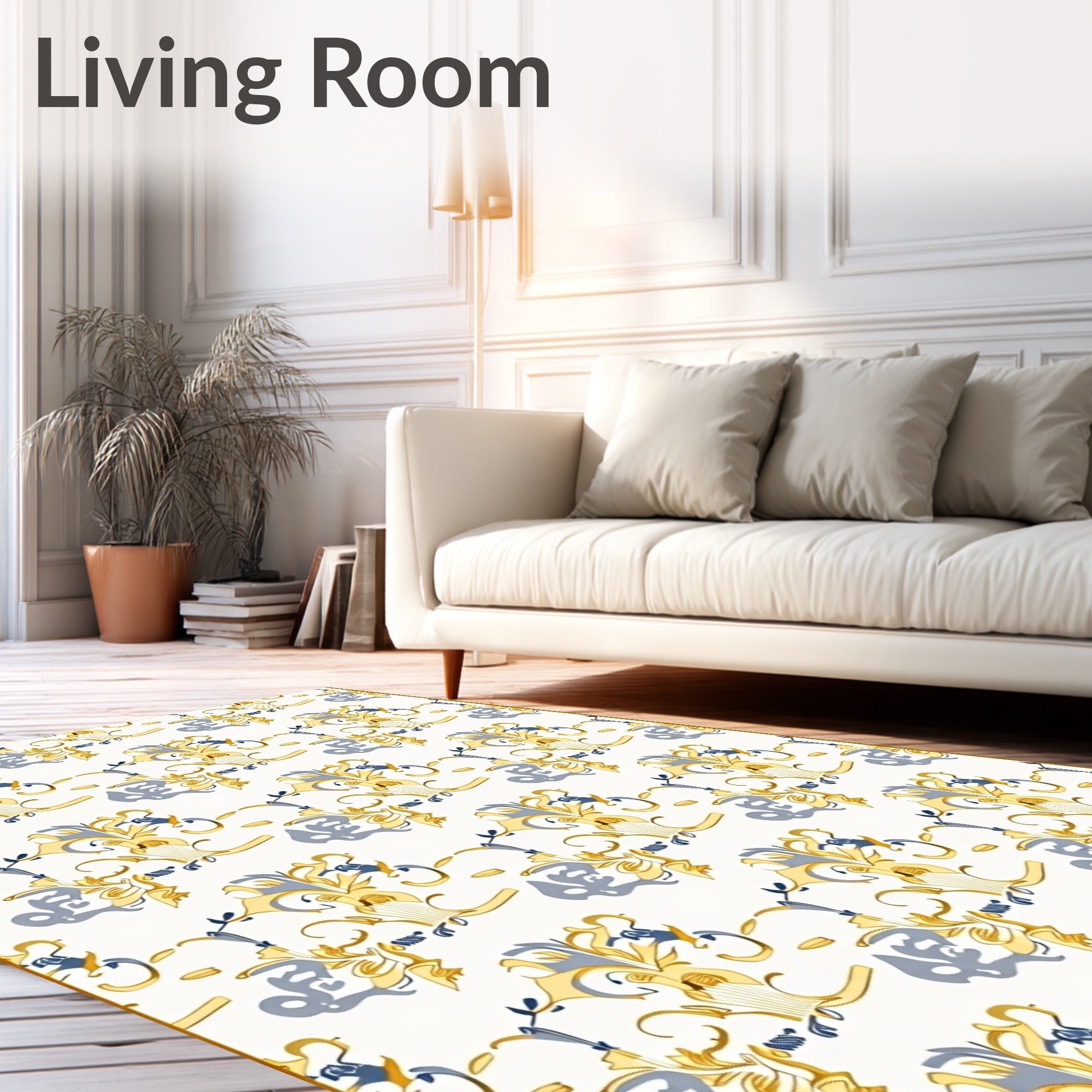 Ornate Golden Blue Scrollwork Rug