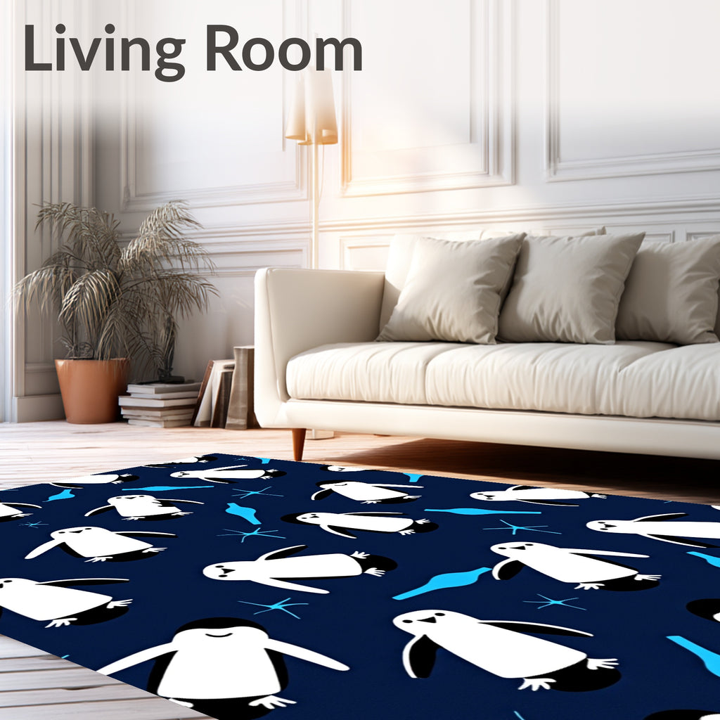 Cute Penguin Navy Blue Playful Elements Rug