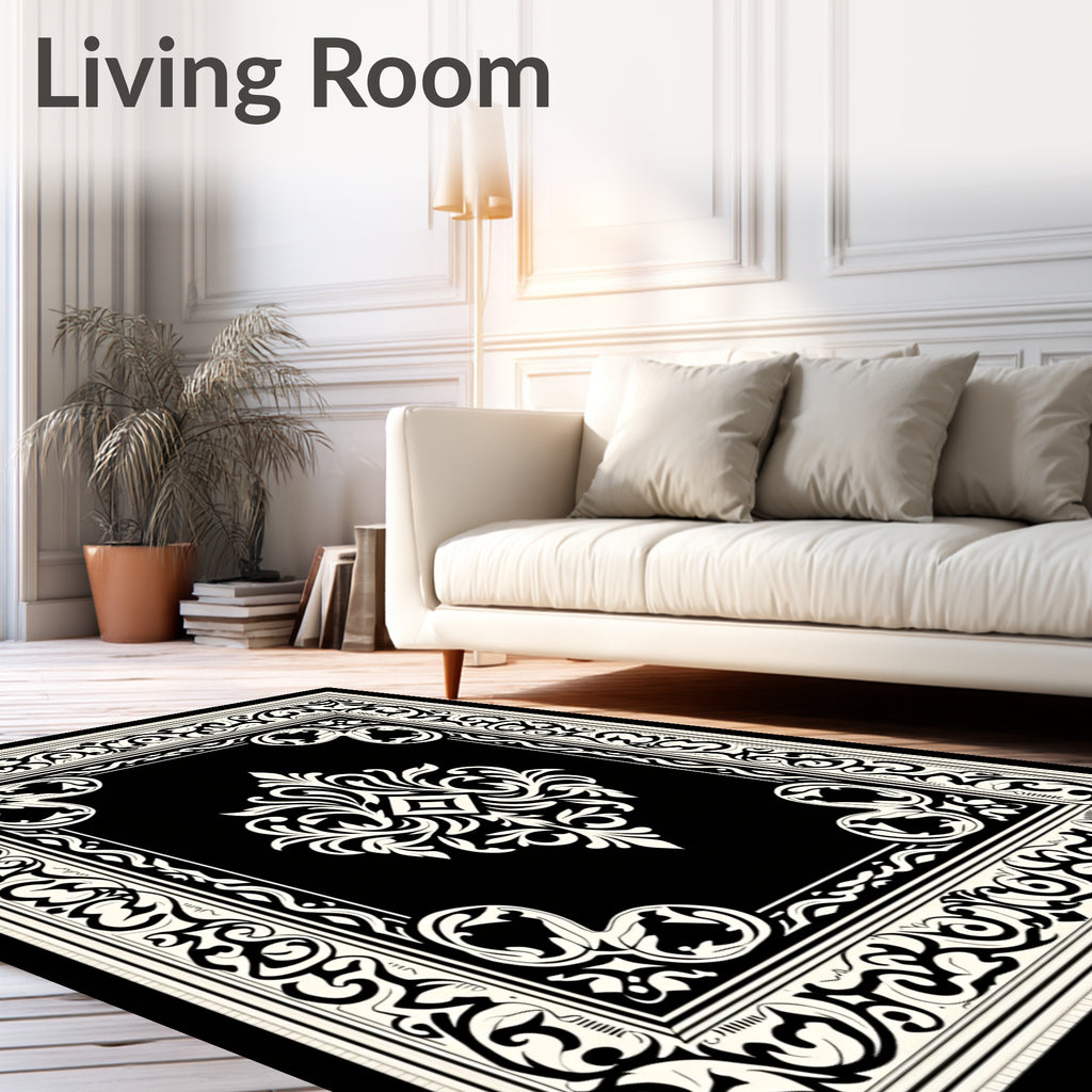 Ornate Ivory Filigree On Black Rug
