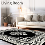 Ornate Ivory Filigree On Black Rug