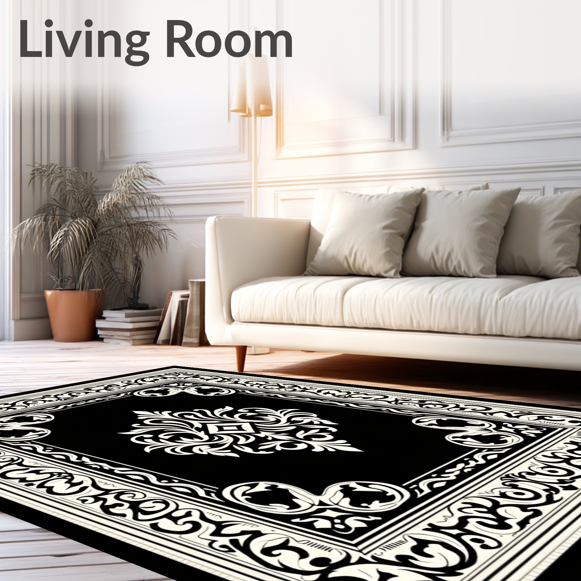 Ornate Ivory Filigree On Black Rug