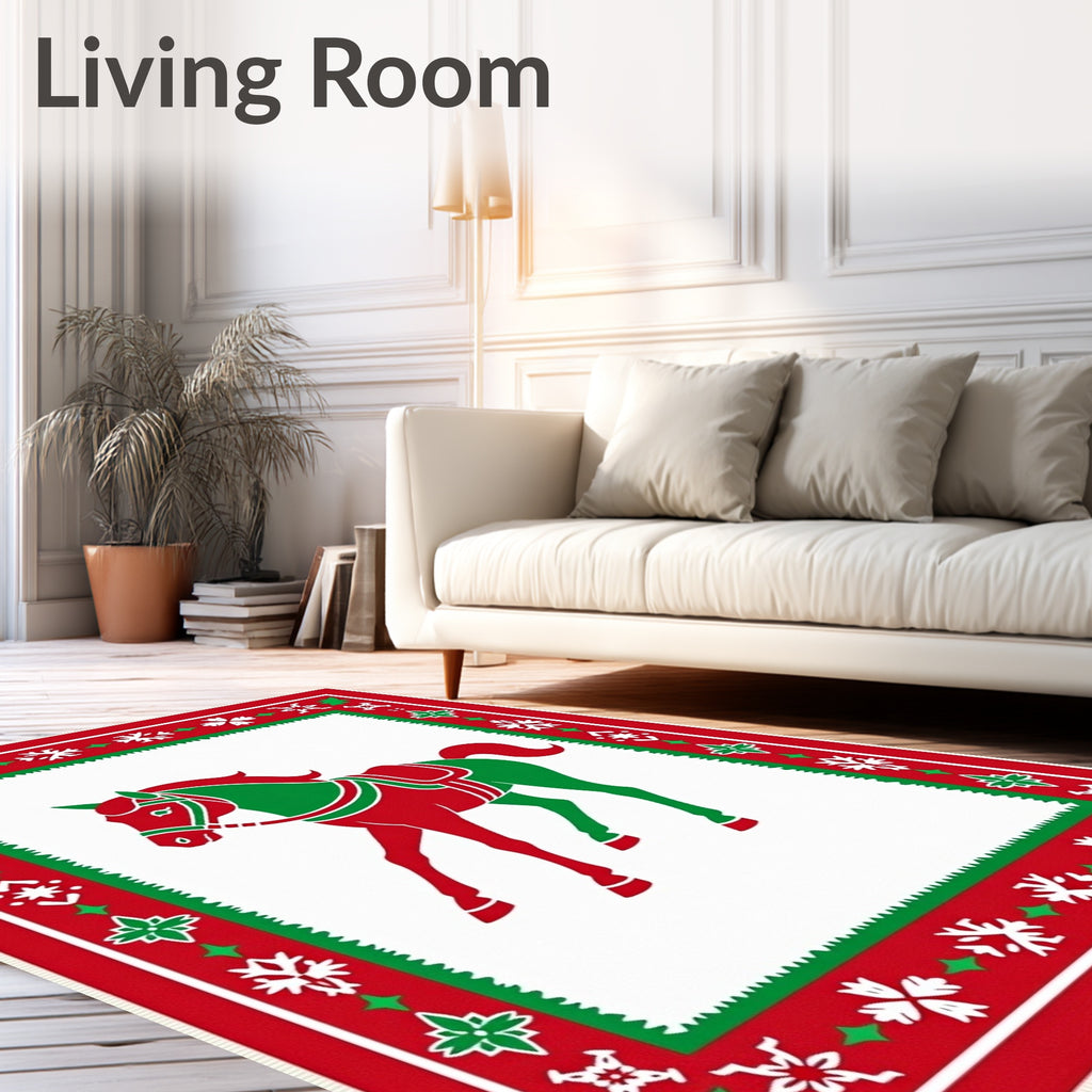 Red Green Horse Snowflake Border Rug