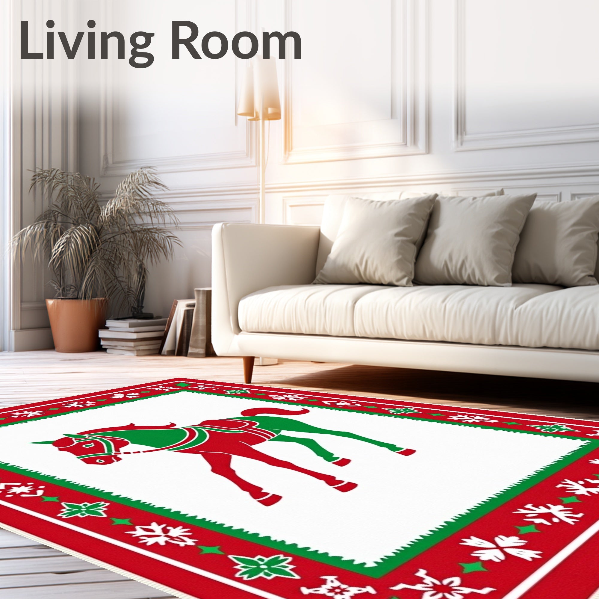 Red Green Horse Snowflake Border Rug