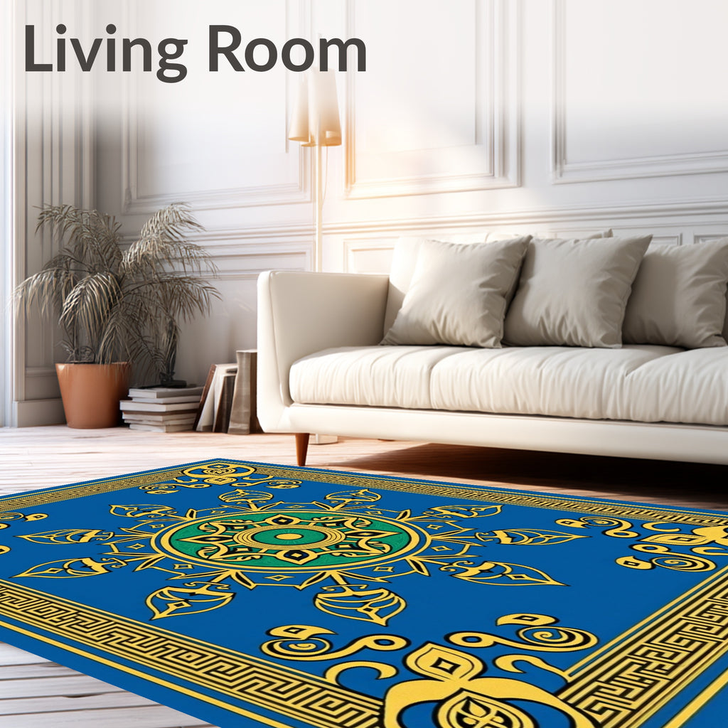 Ornate Blue Green Golden Medallion Rug