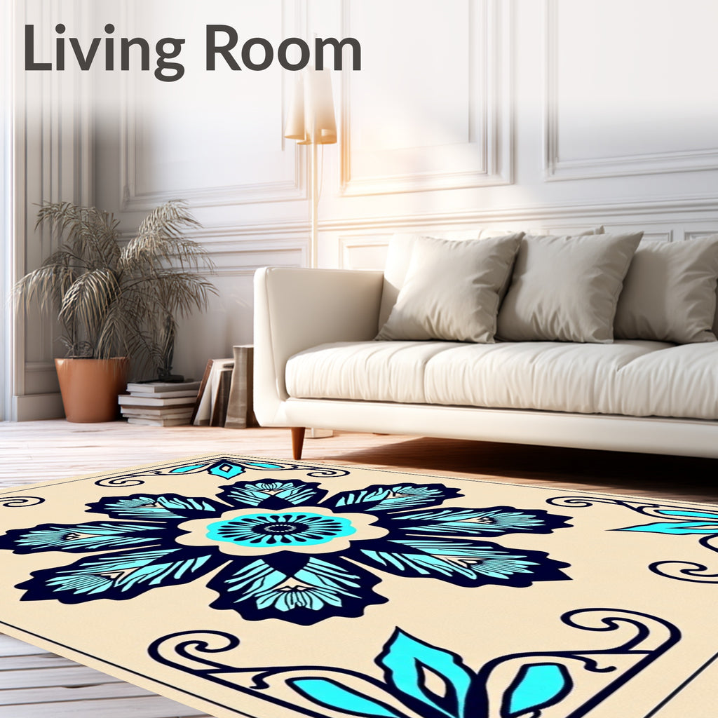 Navy Teal Floral Corner Medallion Rug