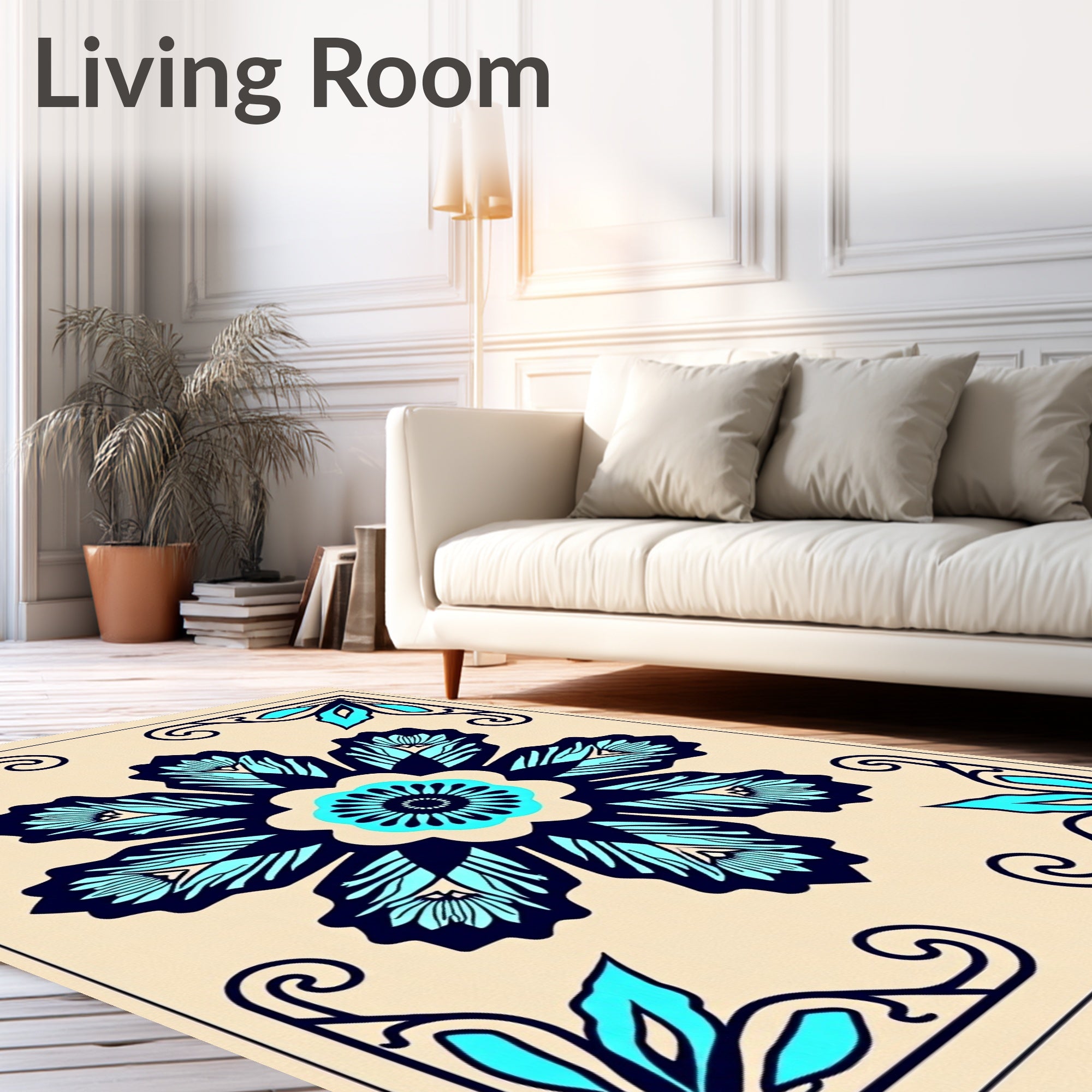 Navy Teal Floral Corner Medallion Rug