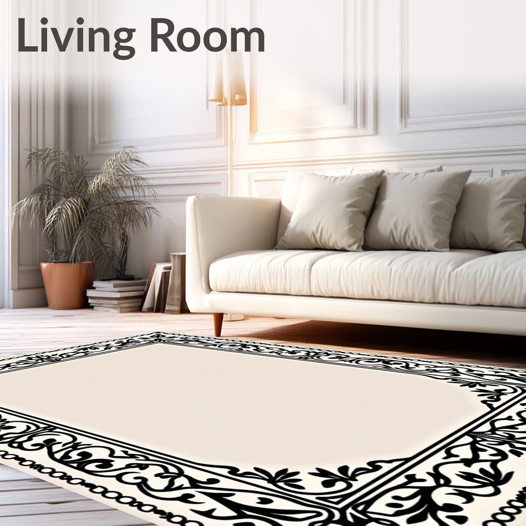 Black Classic Floral Scroll Border Rug