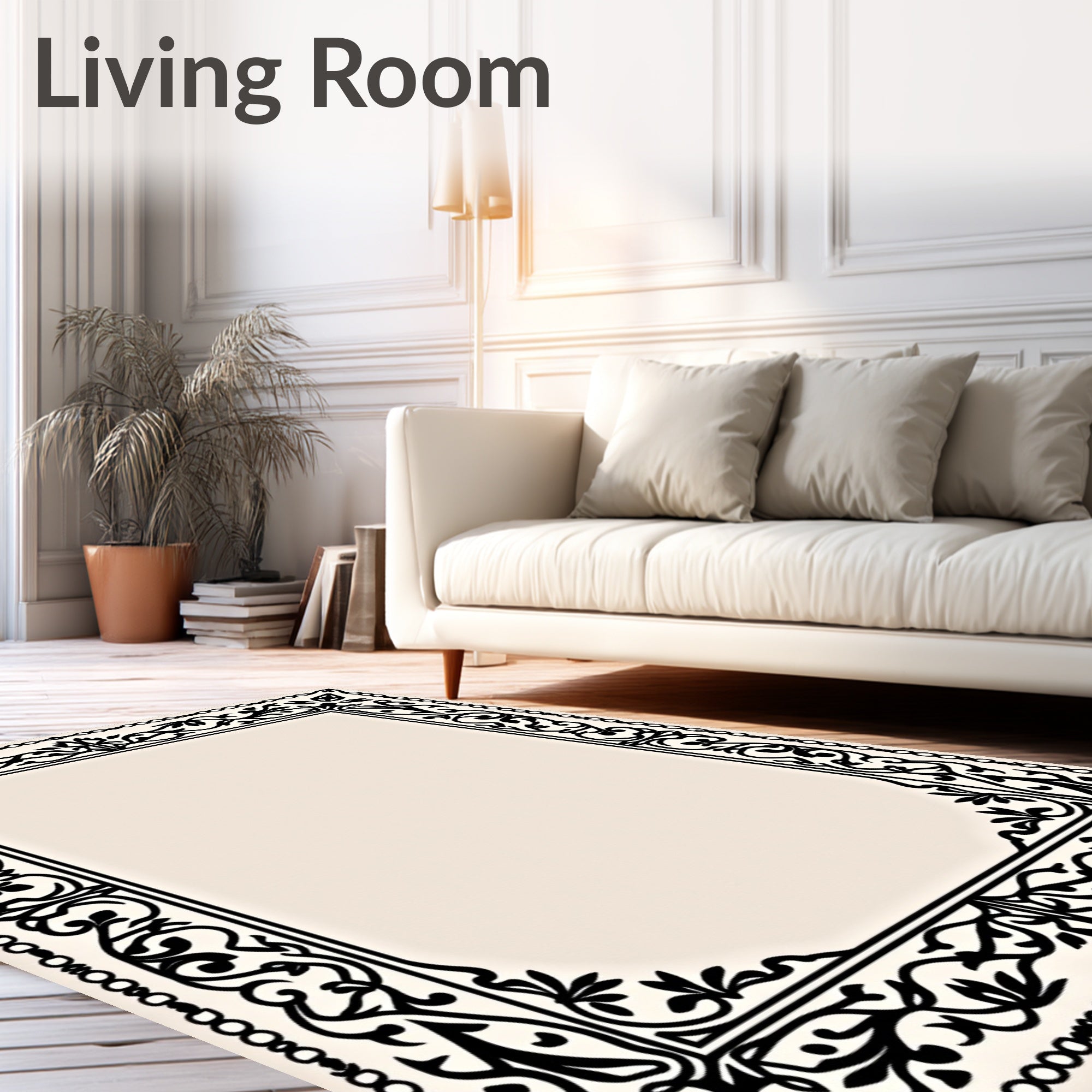 Black Classic Floral Scroll Border Rug