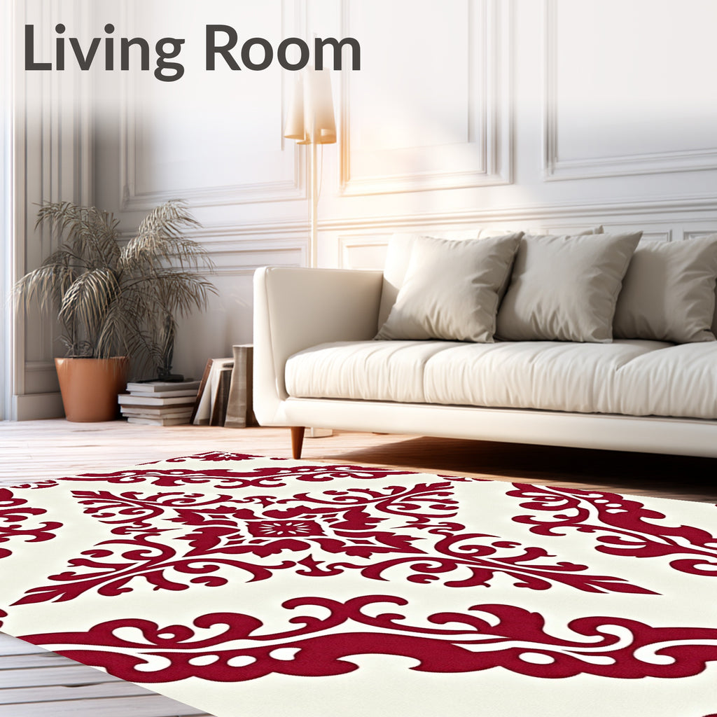 Rich Scarlet Damask Scrollwork Medallion Rug