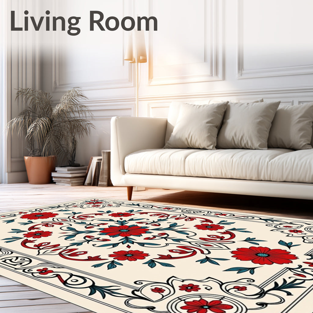 Crimson Red Floral Garden Medallion Rug