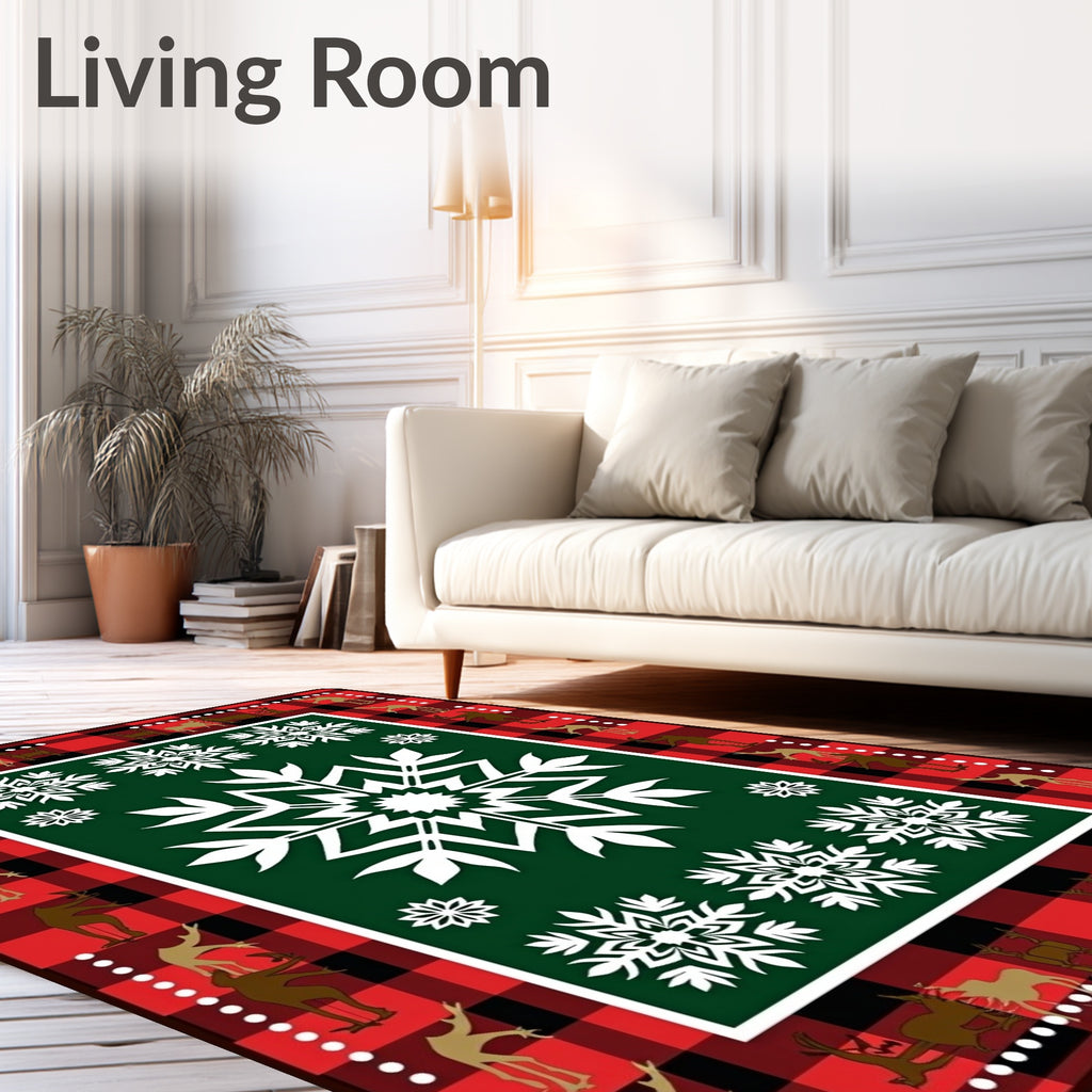 Red Black Buffalo Plaid Snowflake Deer Rug