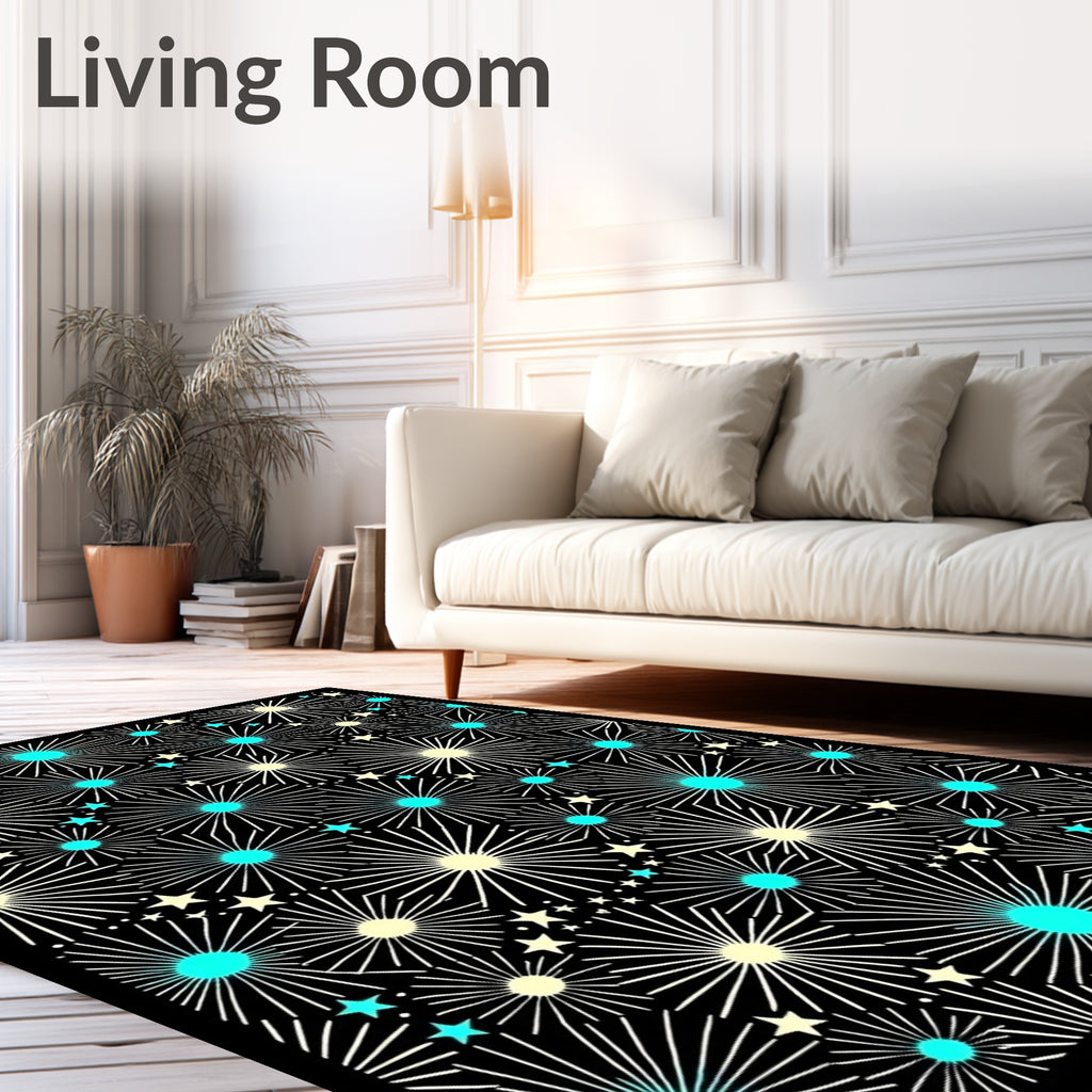 Black Starburst Floral Teal Yellow Rug