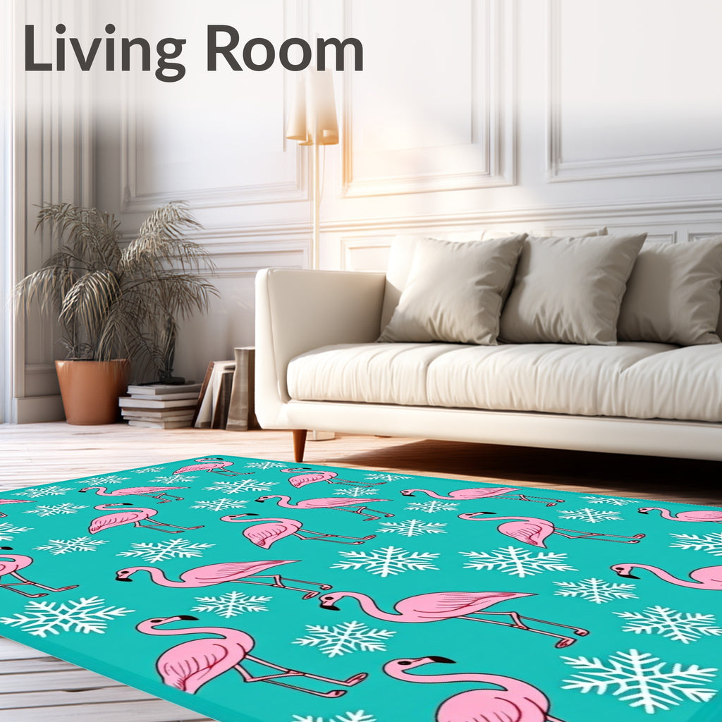 Pink Flamingos with Snowflakes on Teal Rug