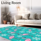 Pink Flamingos with Snowflakes on Teal Rug