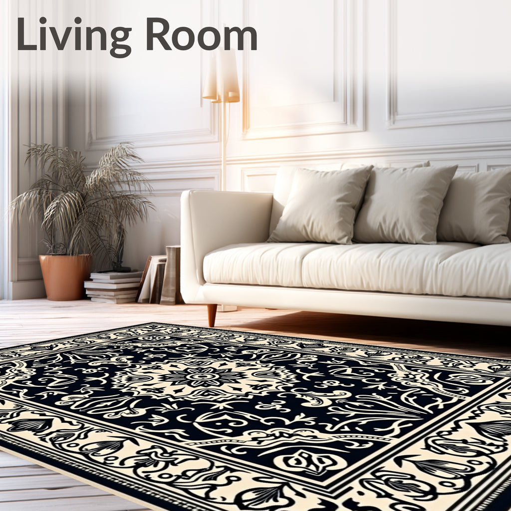 Classic Black Cream Medallion Border Rug