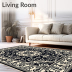 Classic Black Cream Medallion Border Rug